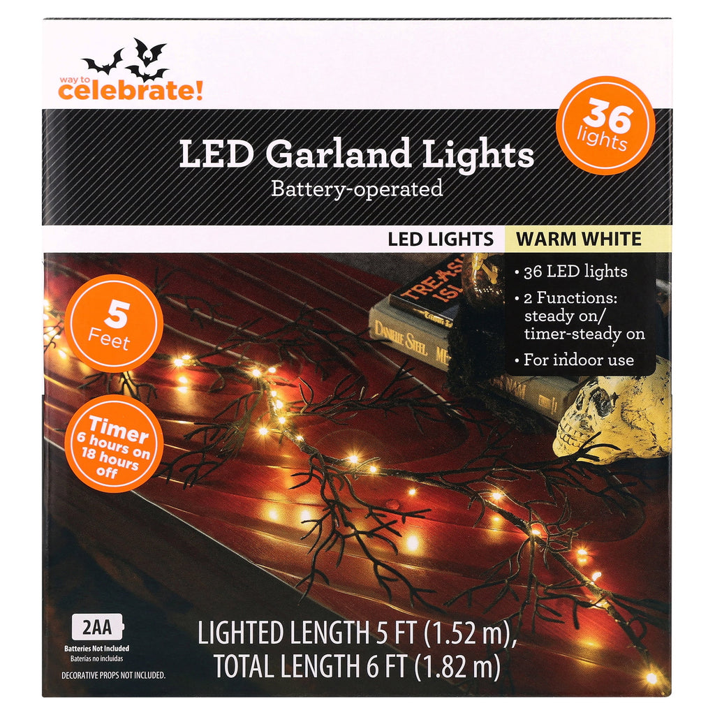 Indoor 36-Count Battery-Operated LED Garland Lights, Warm White, 5', Halloween by Way To Celebrate