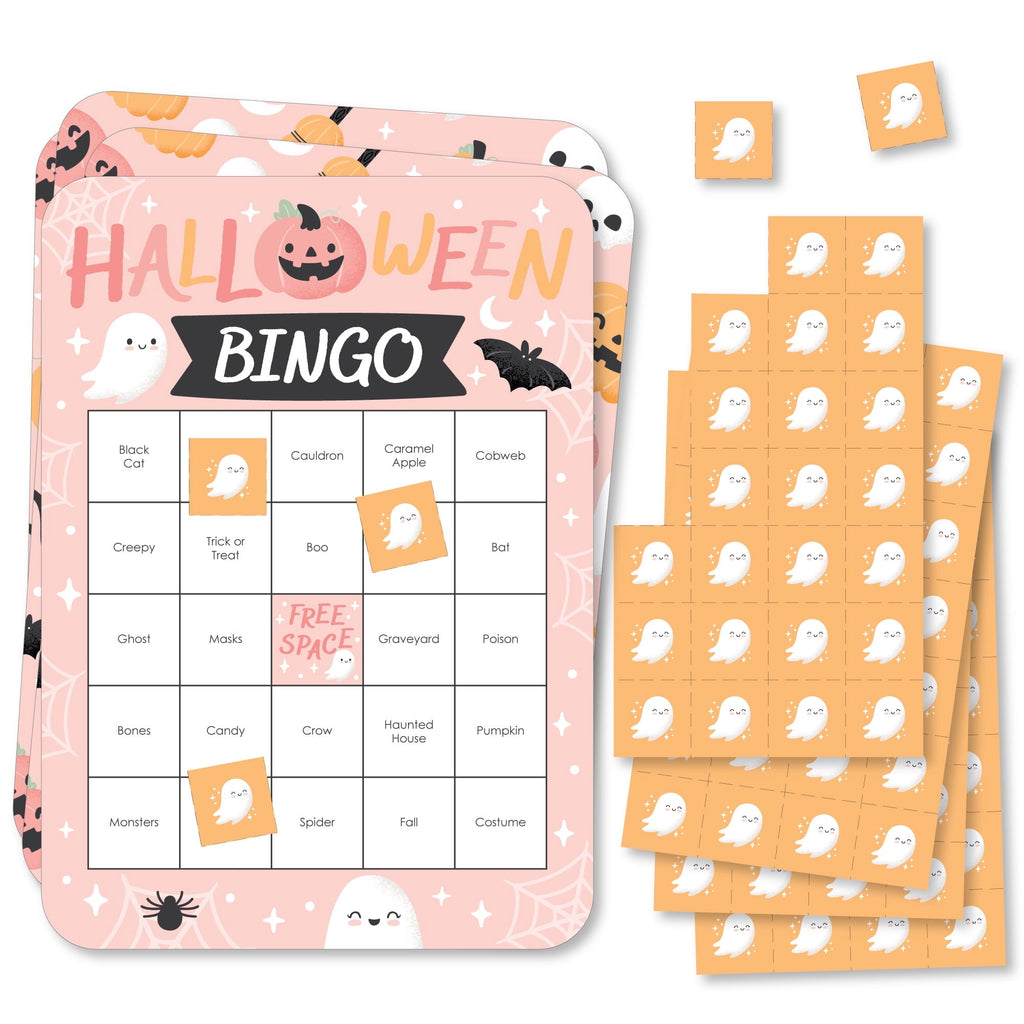Big Dot of Happiness Pastel Halloween - Bingo Cards and Markers - Pink Pumpkin Party Bingo Game - Set of 18