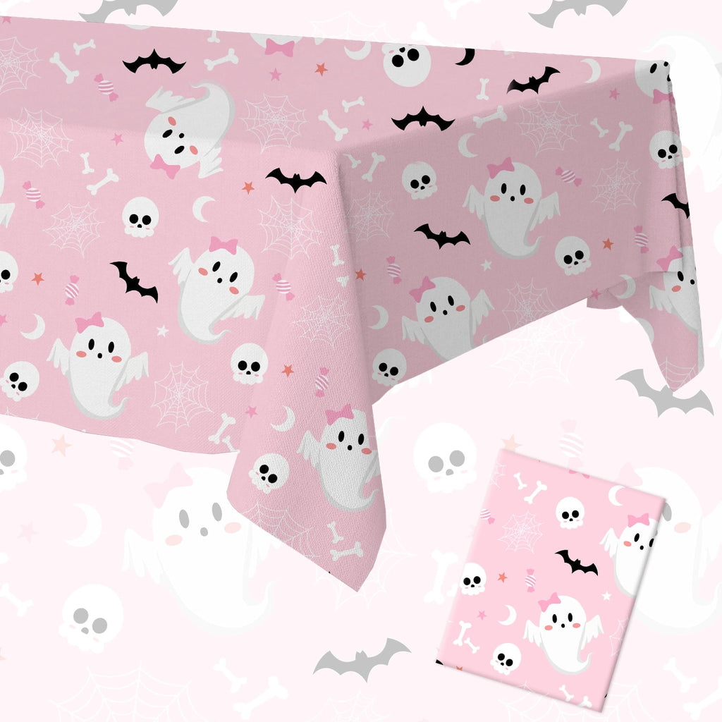 BrandName 1PC Pink Halloween Themed Tablecloth 9.0 x 4.3 ft Halloween Party Table Cover Ghost Bat Skull Spider Web Print Disposable Style Table Decoration for Indoor Outdoor Celebration Supplies