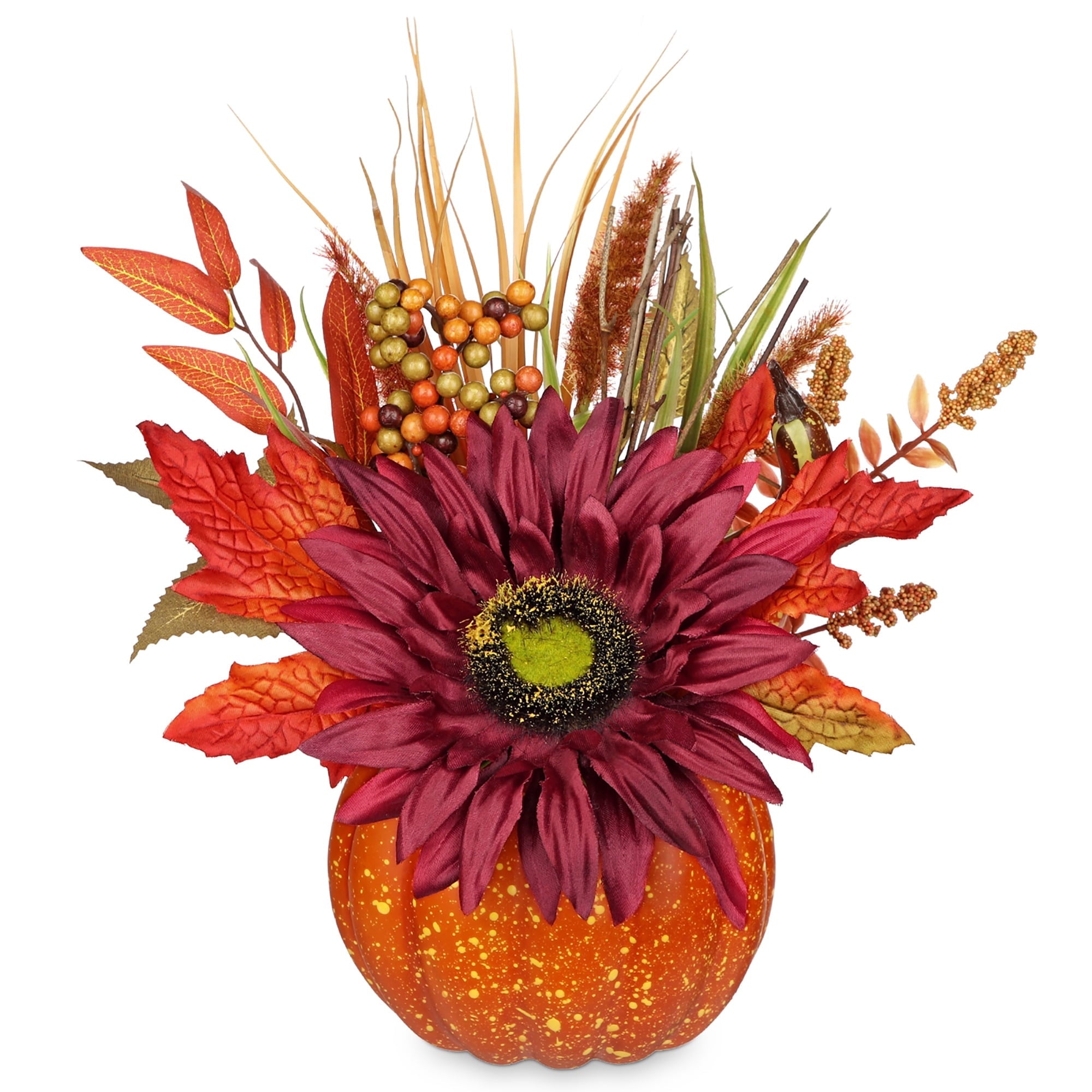 Briful 12.9"Artificial Pumpkin Floral Arrangement with Orange Sunflowers Leaves Fall Table Centerpiece for Harvest Autumn Décor