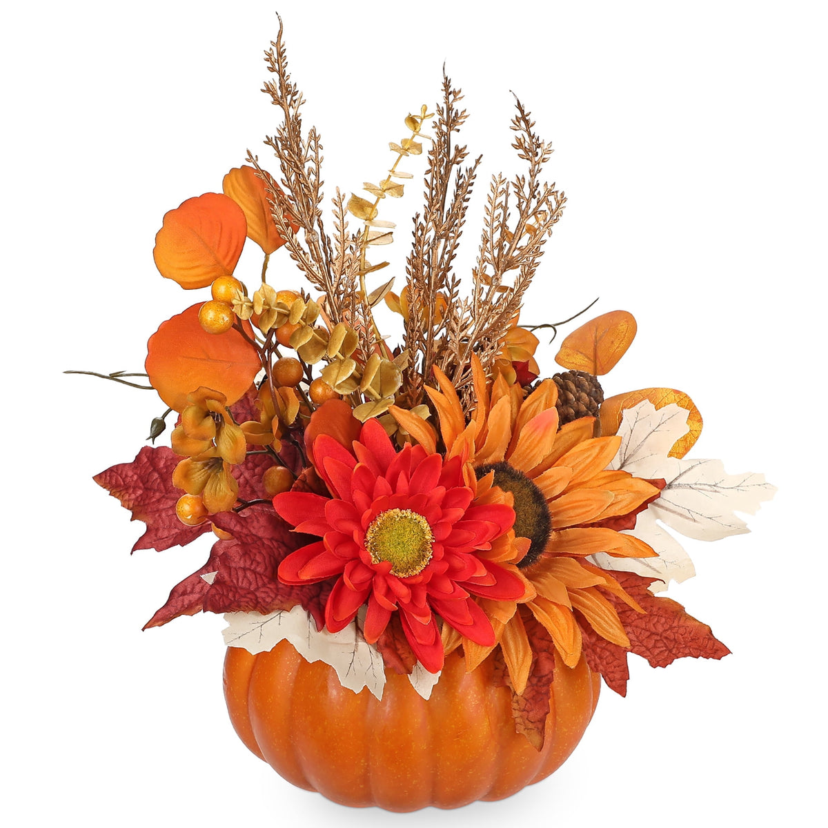 Briful 12.9"Artificial Pumpkin Floral Arrangement with Orange Sunflowers Leaves Fall Table Centerpiece for Harvest Autumn Décor