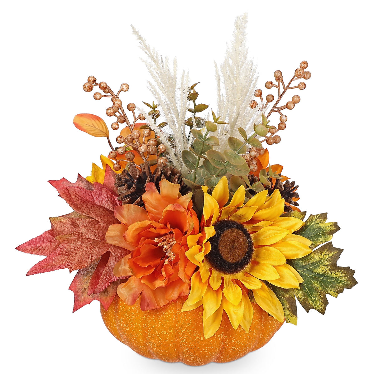 Briful 12.9"Artificial Pumpkin Floral Arrangement with Orange Sunflowers Leaves Fall Table Centerpiece for Harvest Autumn Décor