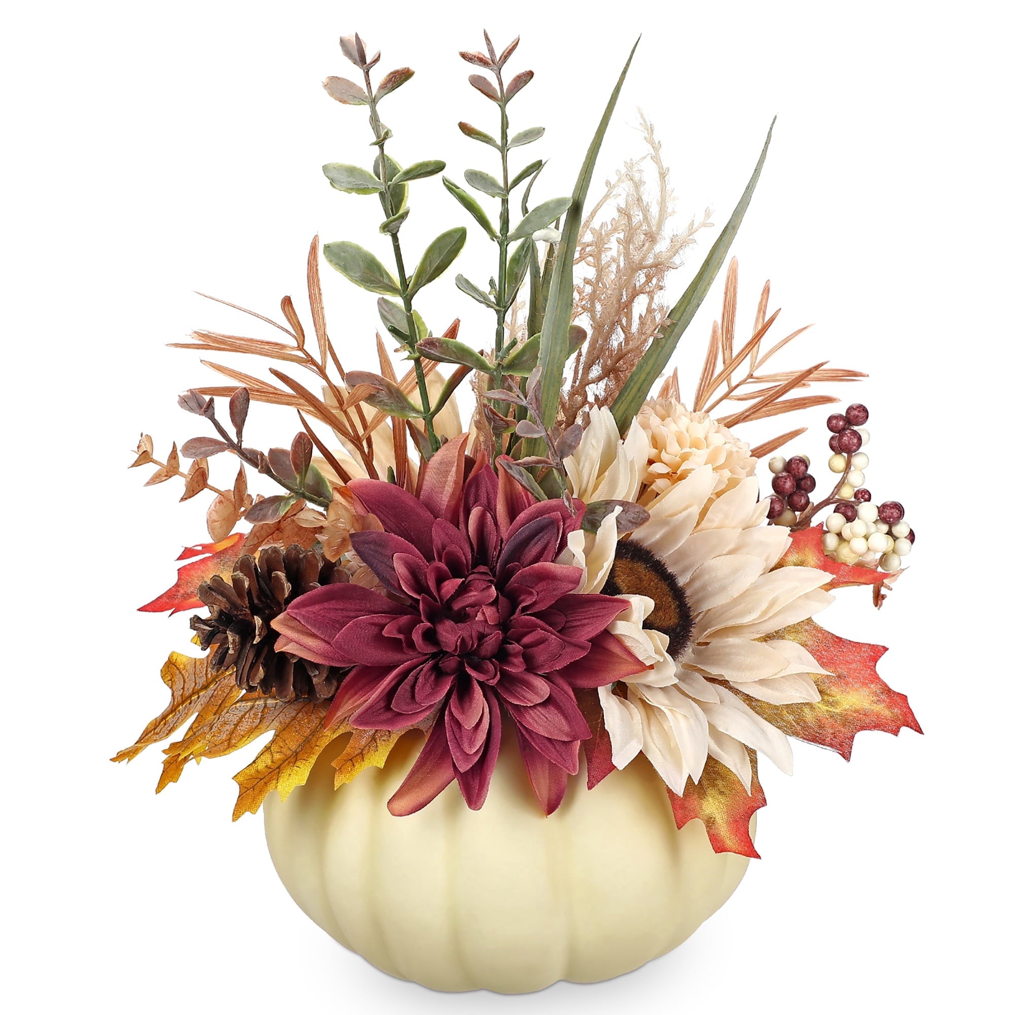 Briful 12.9"Artificial Pumpkin Floral Arrangement with Orange Sunflowers Leaves Fall Table Centerpiece for Harvest Autumn Décor