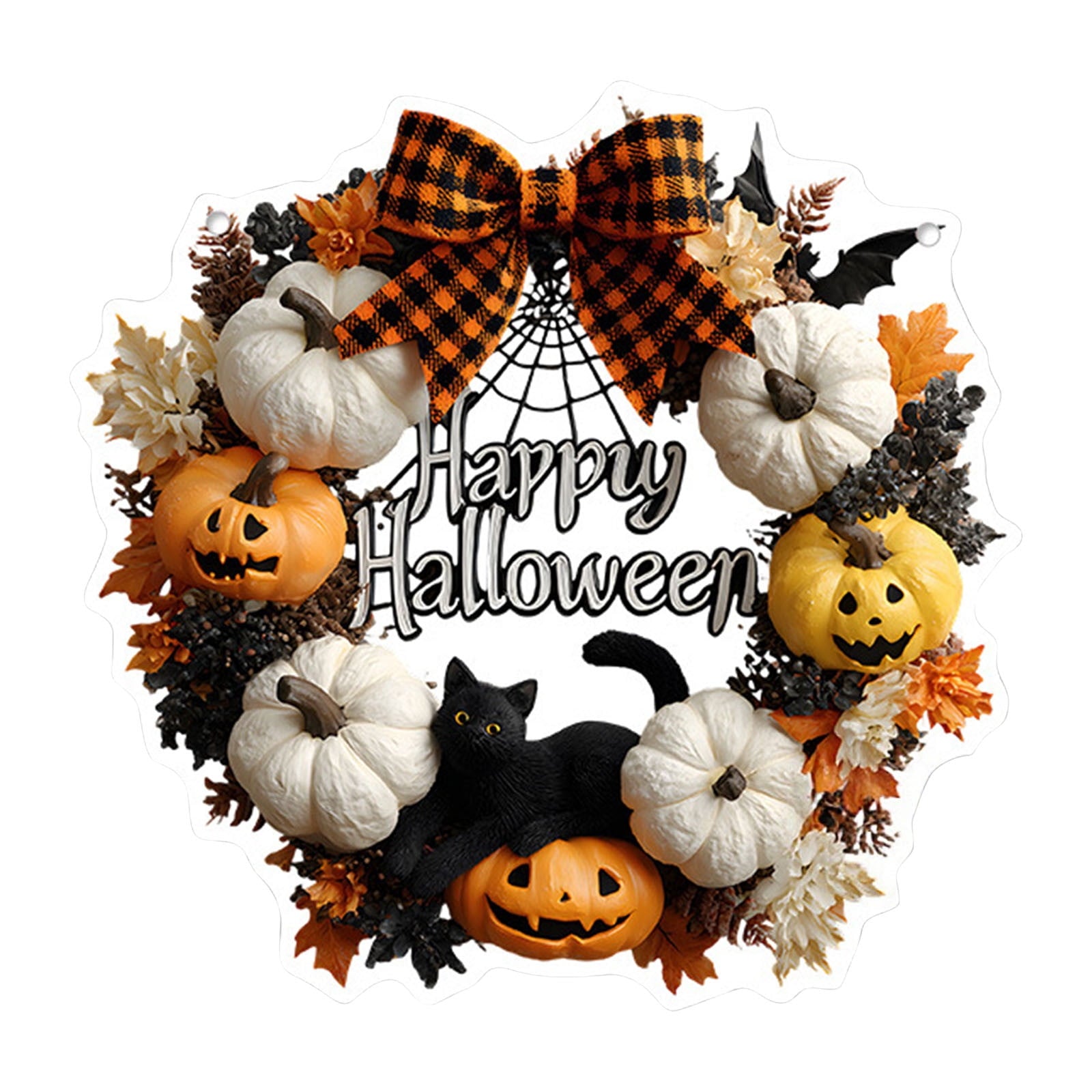 Btomtd Diameter 8" Pumpkin Skull Wreath Halloween Decor Acrylic Round Disk Hanging Ornament with Garland for Front Door Window, A