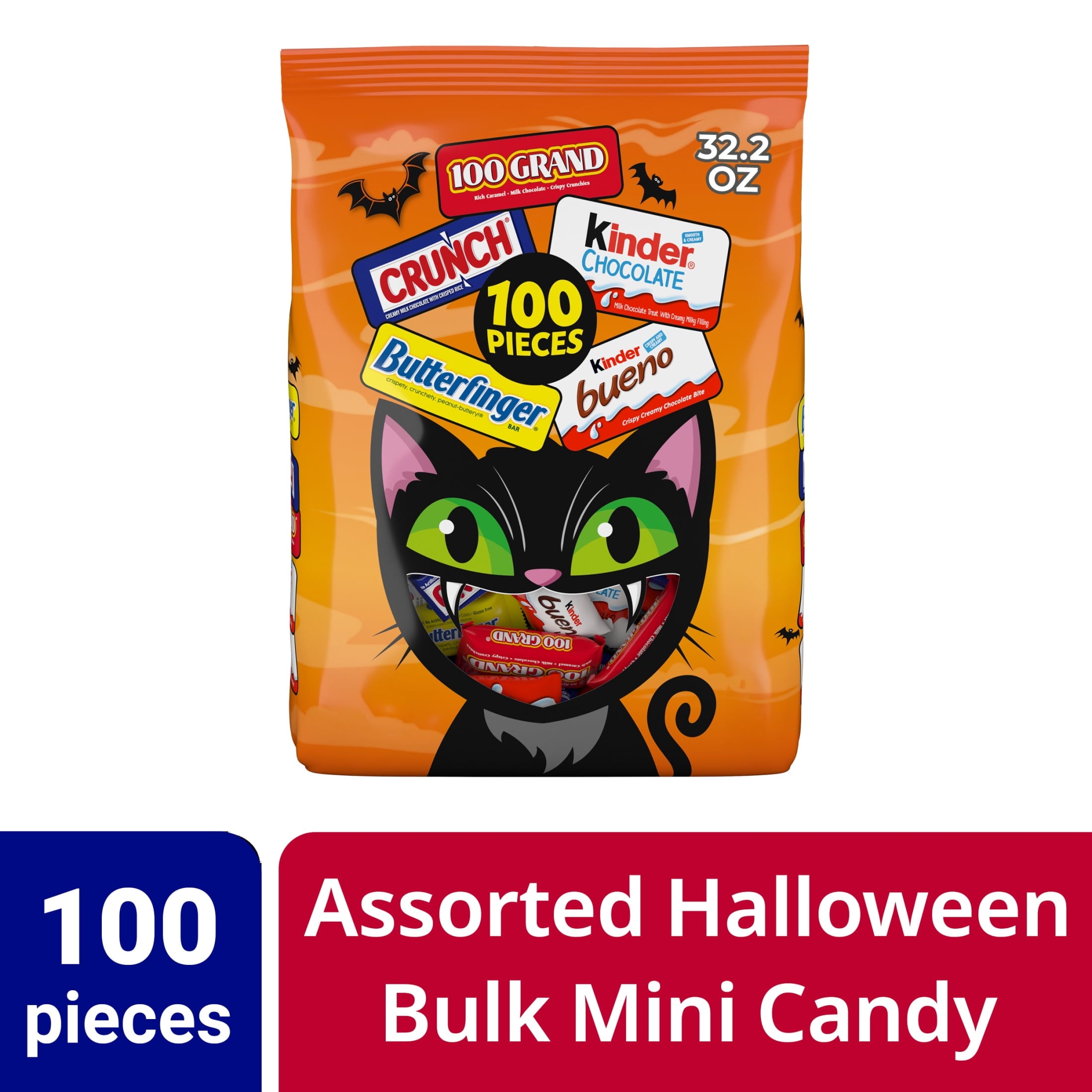 Butterfinger, CRUNCH, 100 Grand, Kinder Bueno, Kinder Chocolate, Minis Assorted Halloween Candy Bag, 100 Count, 32.2 oz