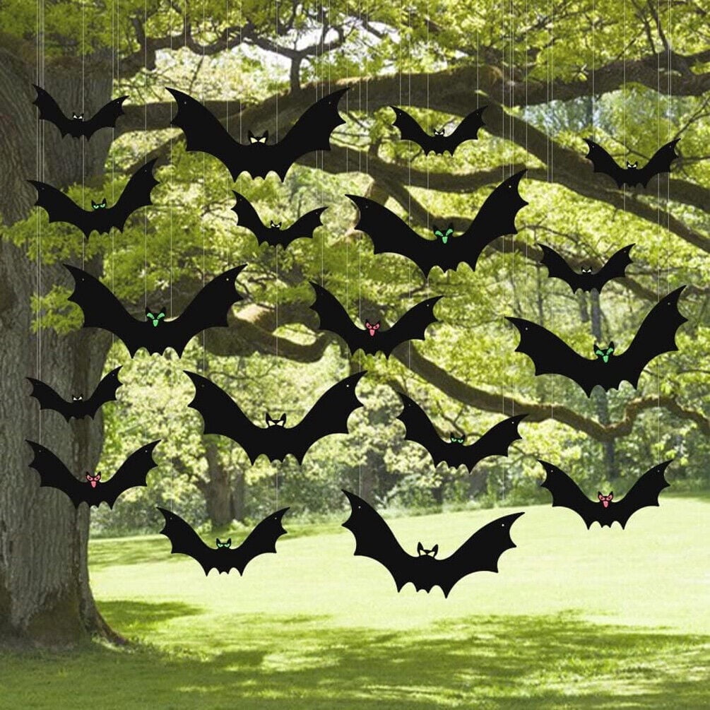 COSTYLE 18 Pcs Hanging Bats Halloween Outdoor Decoration 3 Different Sizes with Cute Eye Stickers for Hanging in The Tree, Porch, Yard, Lawn, Indoor