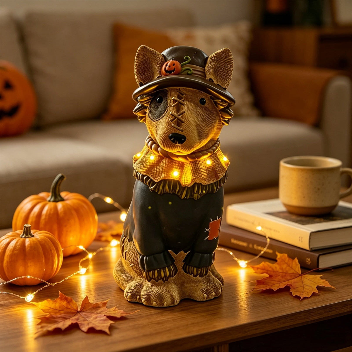Halloween Dog Greeter - Frenchie 7.9in Resin Witch Dog with Light-Up Pumpkin, Spooky Fall Decor, Indoor Outdoor Tabletop Decoration