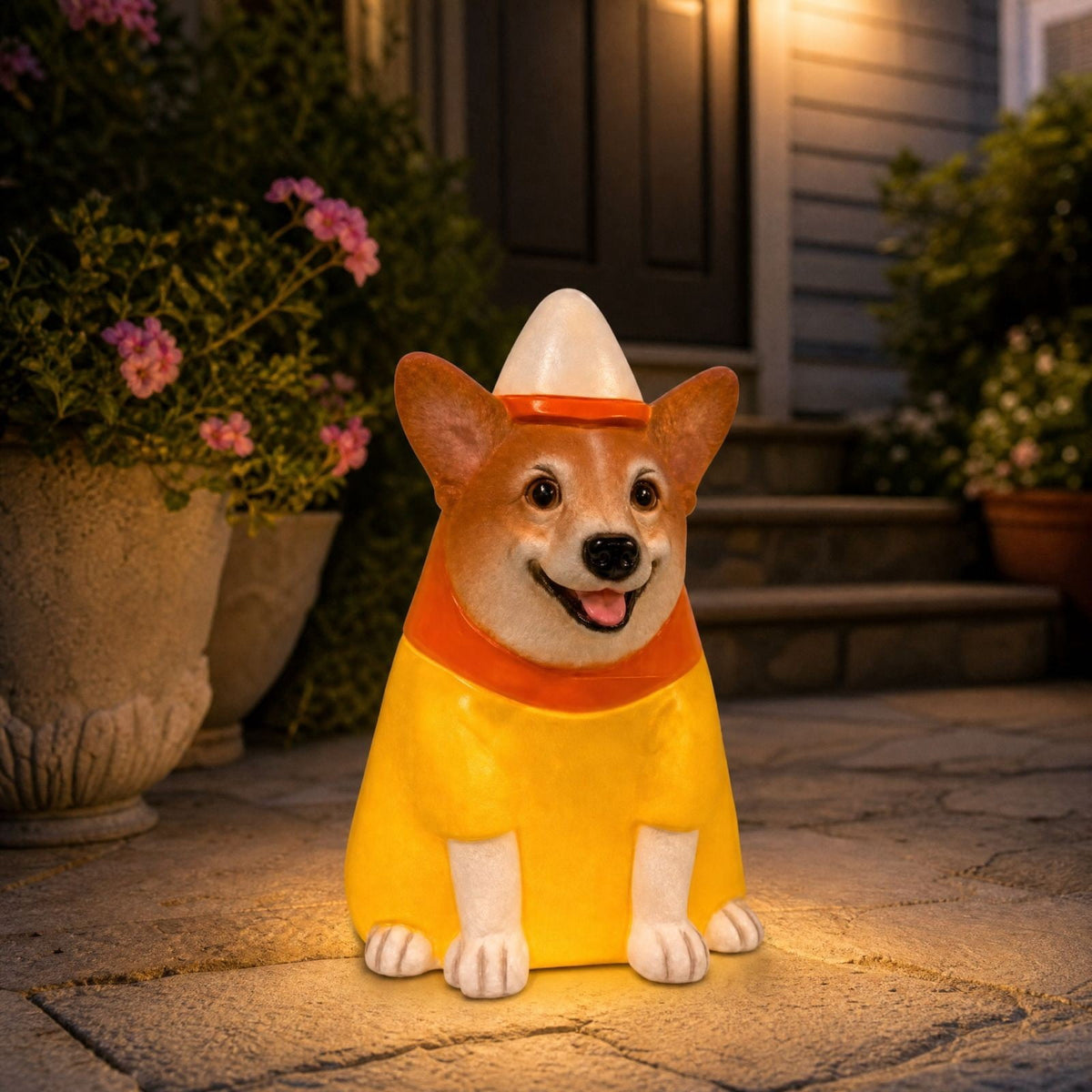 Halloween Dog Greeter - Frenchie 7.9in Resin Witch Dog with Light-Up Pumpkin, Spooky Fall Decor, Indoor Outdoor Tabletop Decoration