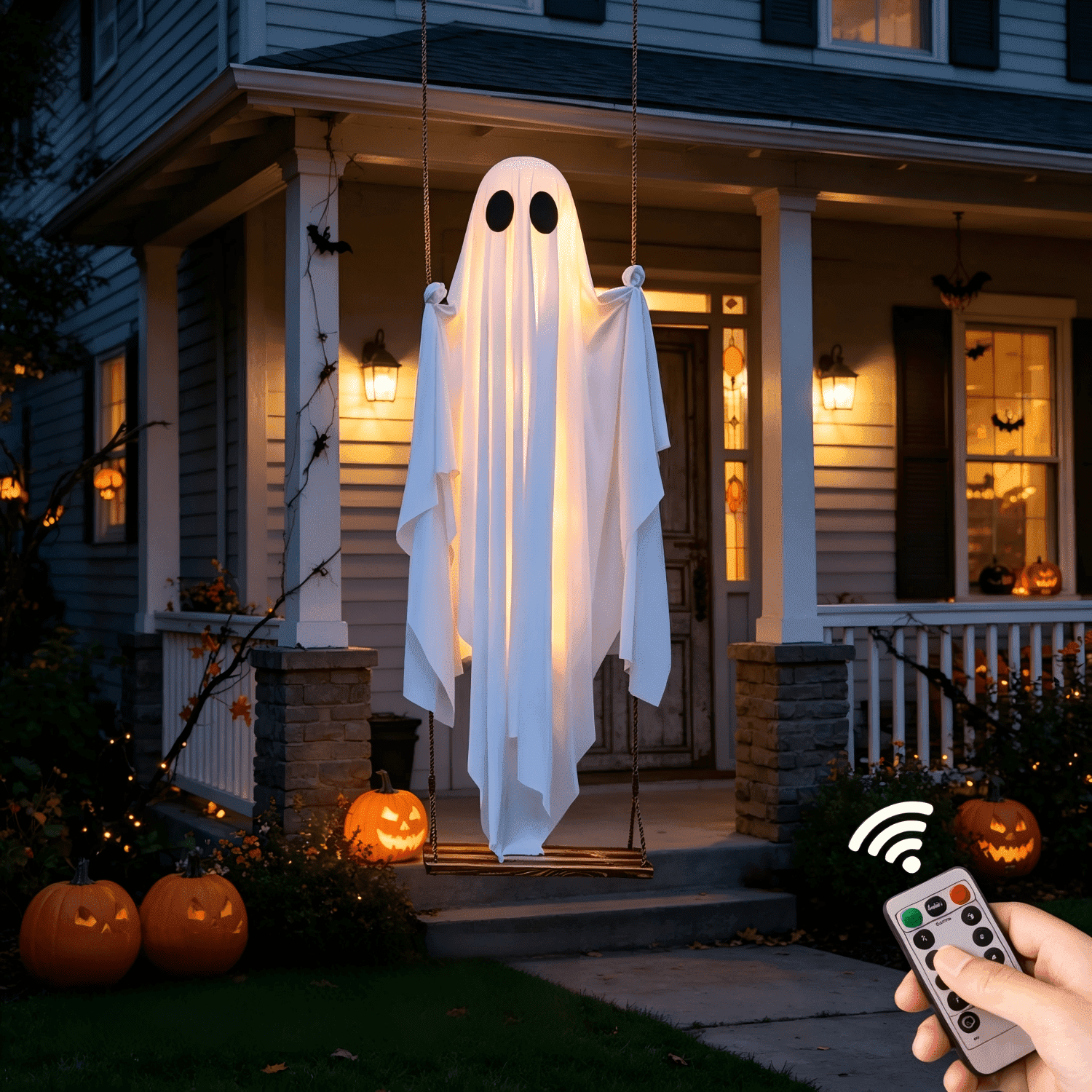 Clearance 5 FT Hanging Ghost Decor,Early Halloween Decorations Light-Up Flying Ghost on Broomstick with Witch Hat, Witch Broom, Spooky Cute Outdoor Halloween Decorations for Front Porch Yard Tree