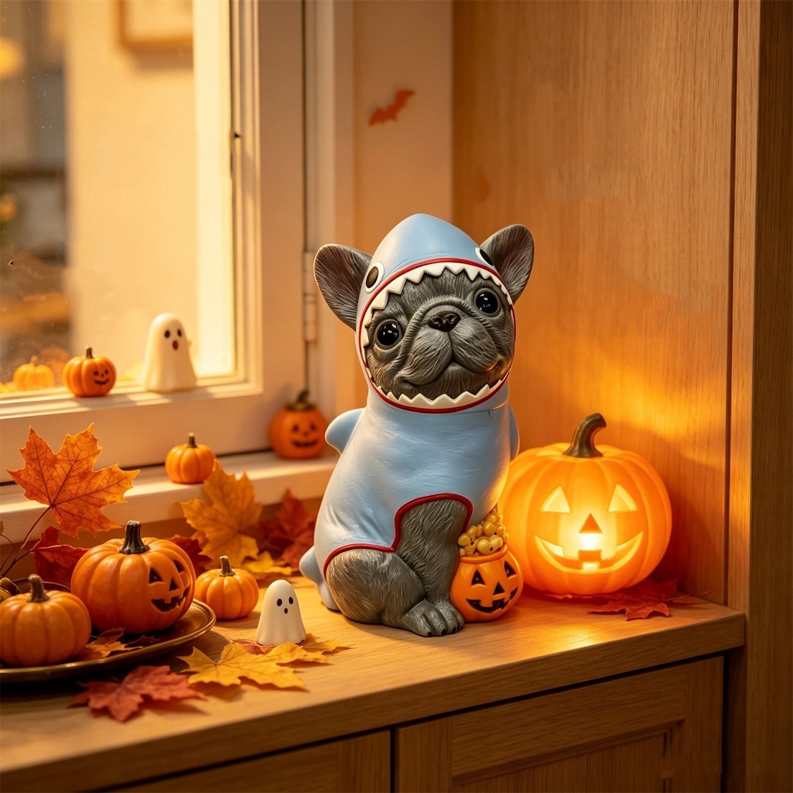 Halloween Dog Greeter - Frenchie 7.9in Resin Witch Dog with Light-Up Pumpkin, Spooky Fall Decor, Indoor Outdoor Tabletop Decoration