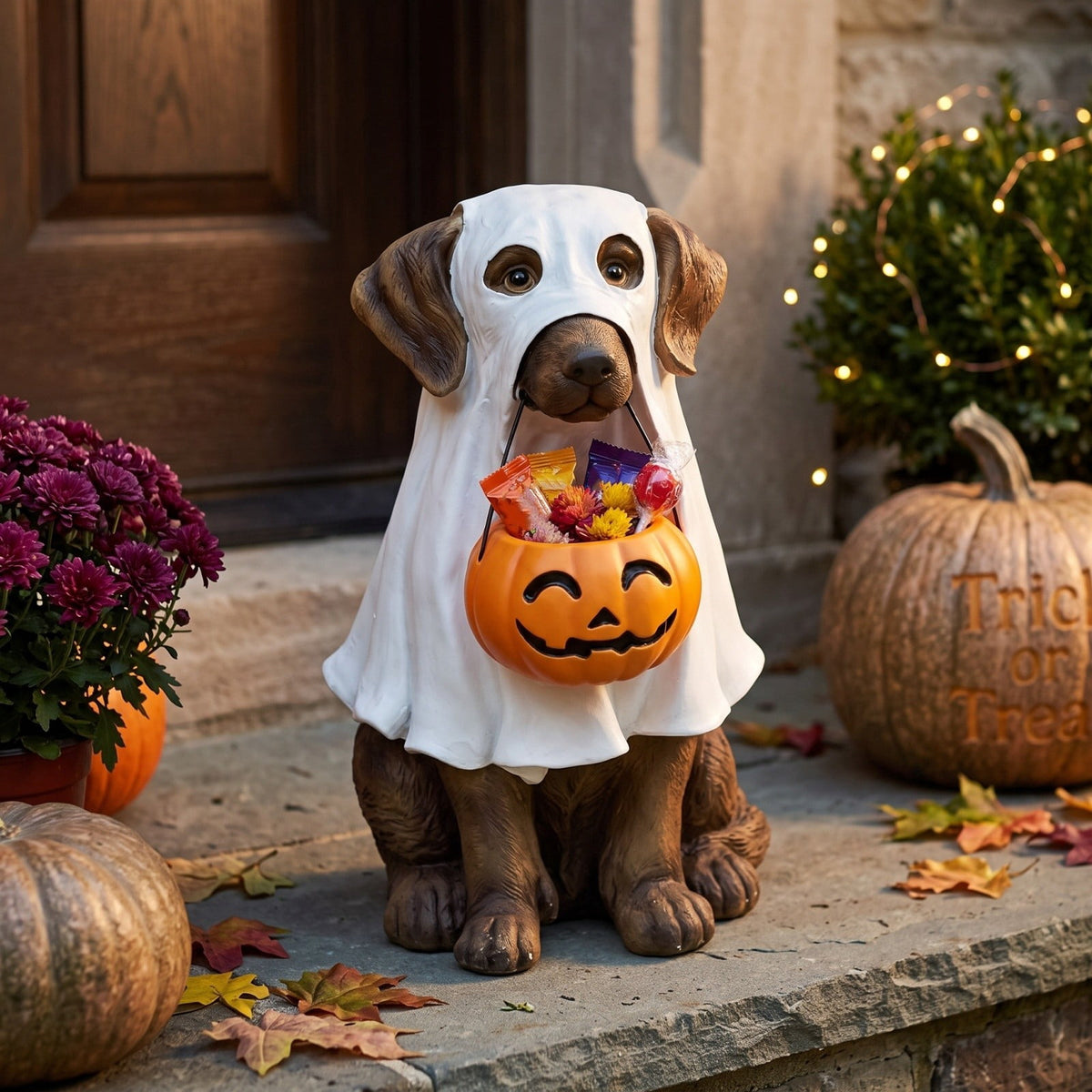 Halloween Dog Greeter - Frenchie 7.9in Resin Witch Dog with Light-Up Pumpkin, Spooky Fall Decor, Indoor Outdoor Tabletop Decoration