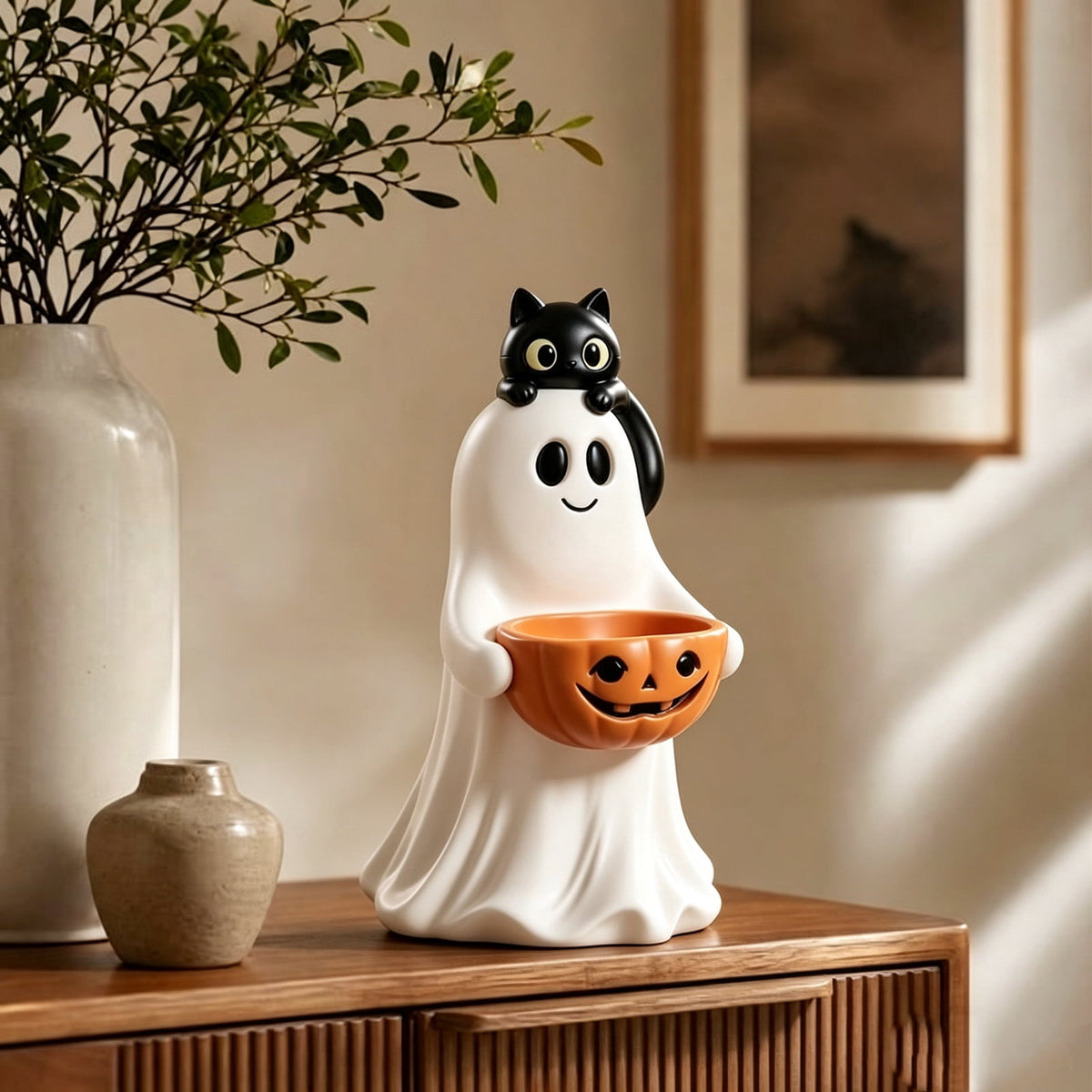 Clearance Halloween Ghost Resin Figurine with Black Cat & Pumpkin Candy Bowl 10“- Cute Spooky Tabletop Decor for Home Mantel, Shelf, and Indoor Fall Display