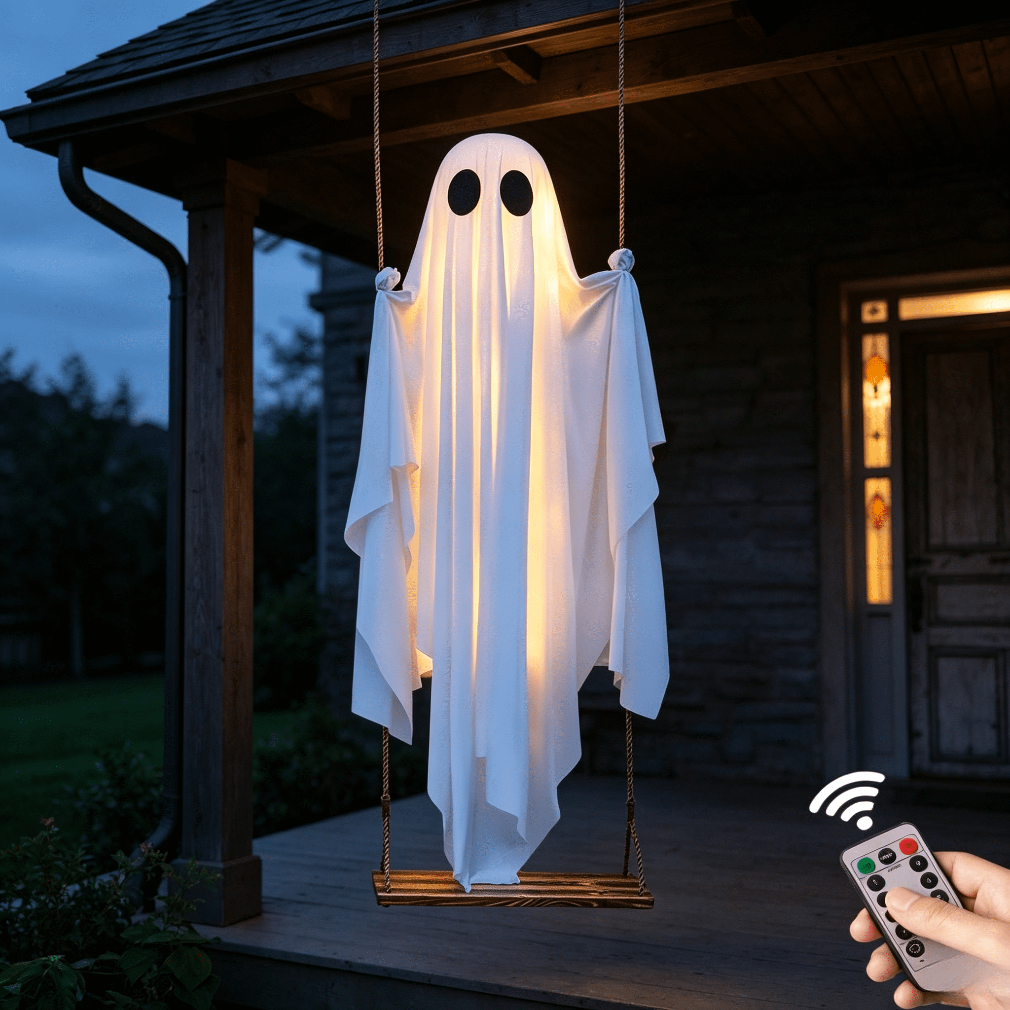 Halloween Light-Up Ghost Decorations Outdoor - 6.5 FT - 8 Sounds Gaint Hanging Swing Ghost Halloween Decoration, Spooky Cute Ghosts Decorations for Front Porch Yard Tree