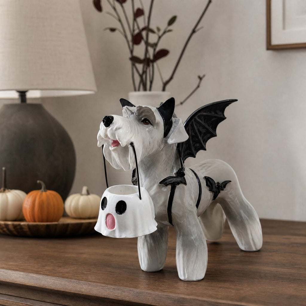 Clearance Halloween Schnauzer Bat Figurine with Ghost Bucket, 8 inch Resin Cute Dog Gifts Tabletop Decor