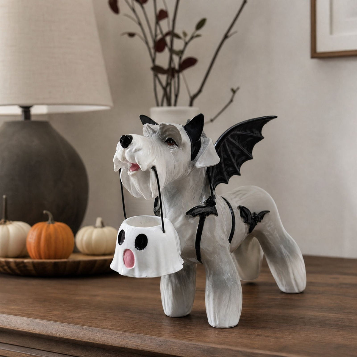 Clearance Halloween Schnauzer Bat Figurine with Ghost Bucket, 8 inch Resin Cute Dog Gifts Tabletop Decor