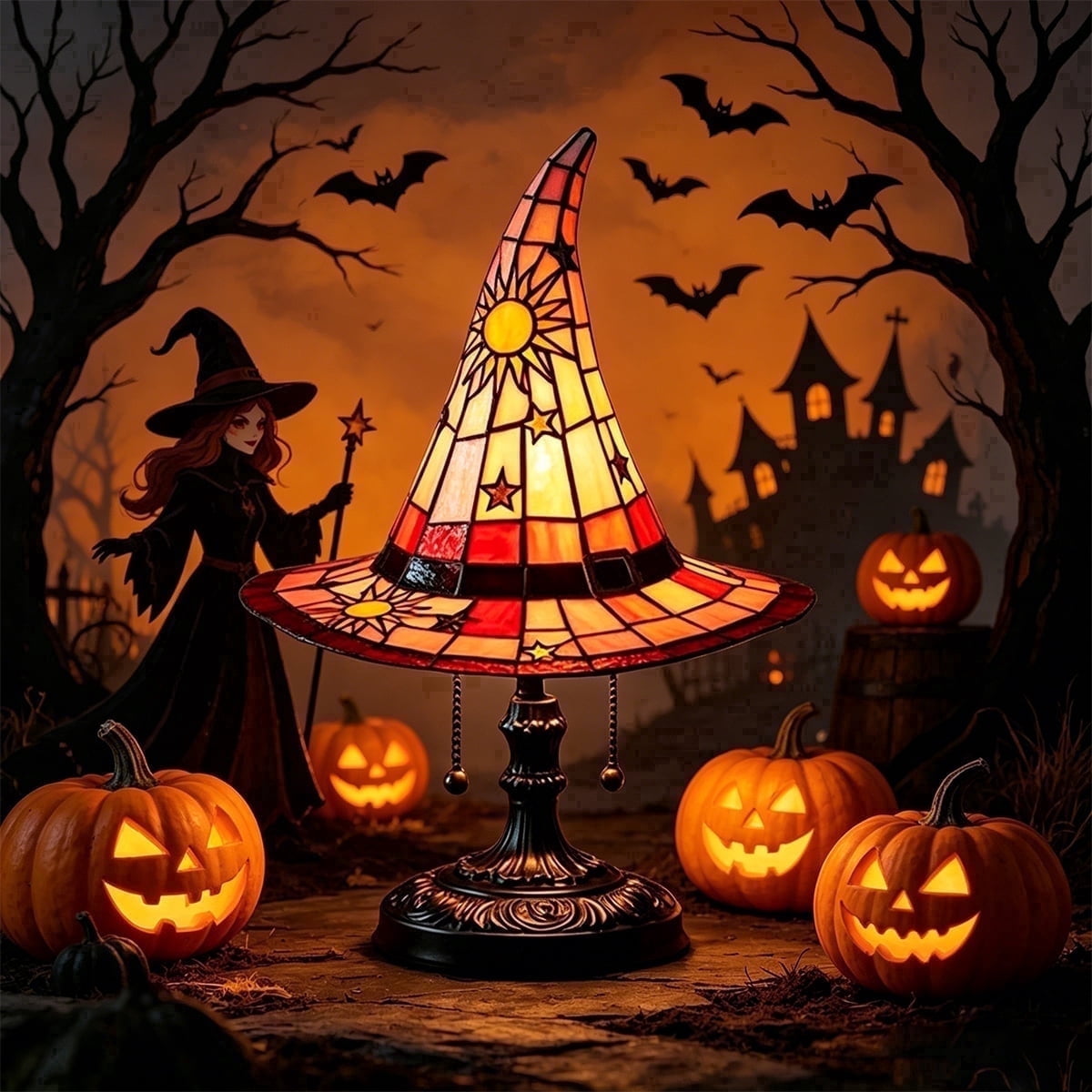 Clearance Halloween Table Lamp Decorations, Witch Hat Lamp Gifts - Handcrafted Retro Resin Witch Lamp, USB Powered Gothic Wizard Hats Night Light, Home Decor Accent Lamps for Bedroom
