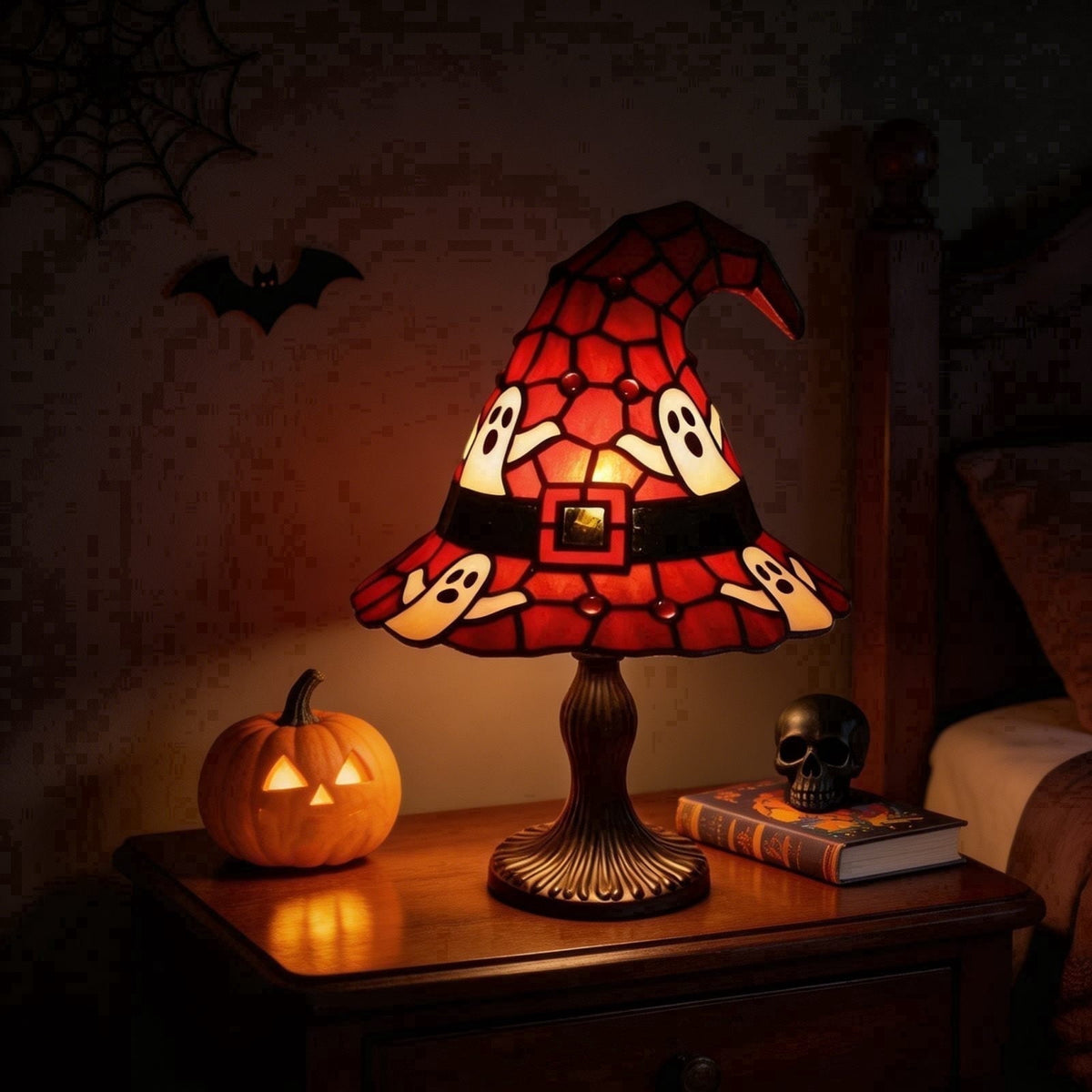 Clearance Halloween Table Lamp Decorations, Witch Hat Lamp Gifts - Handcrafted Retro Resin Witch Lamp, USB Powered Gothic Wizard Hats Night Light, Home Decor Accent Lamps for Bedroom