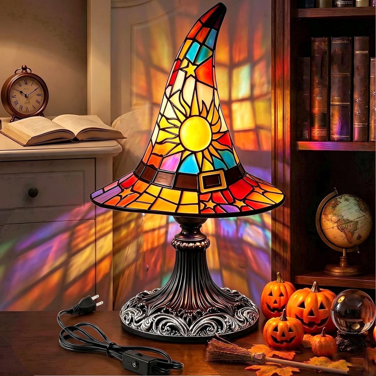 Clearance Halloween Table Lamp Decorations, Witch Hat Lamp Gifts - Handcrafted Retro Resin Witch Lamp, USB Powered Gothic Wizard Hats Night Light, Home Decor Accent Lamps for Bedroom