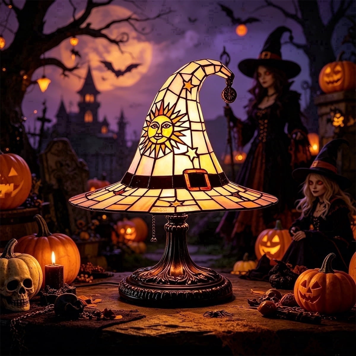 Clearance Halloween Table Lamp Decorations, Witch Hat Lamp Gifts - Handcrafted Retro Resin Witch Lamp, USB Powered Gothic Wizard Hats Night Light, Home Decor Accent Lamps for Bedroom