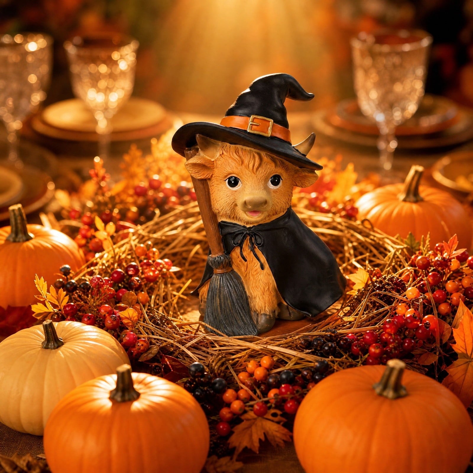 Halloween Decorations Clearance! Cute Kissing‑Face Witch Statue With Bow Hat & Mesh Skirt, Tabletop Ornament for Shelf Indoor Home Halloween Decor