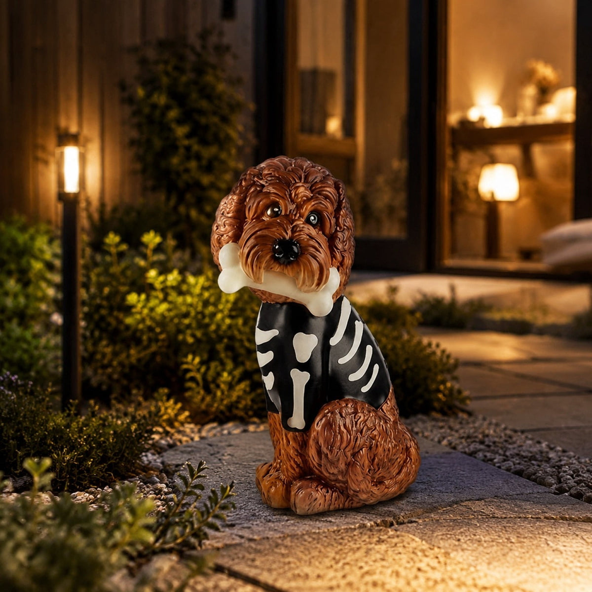 Halloween Dog Greeter - Frenchie 7.9in Resin Witch Dog with Light-Up Pumpkin, Spooky Fall Decor, Indoor Outdoor Tabletop Decoration