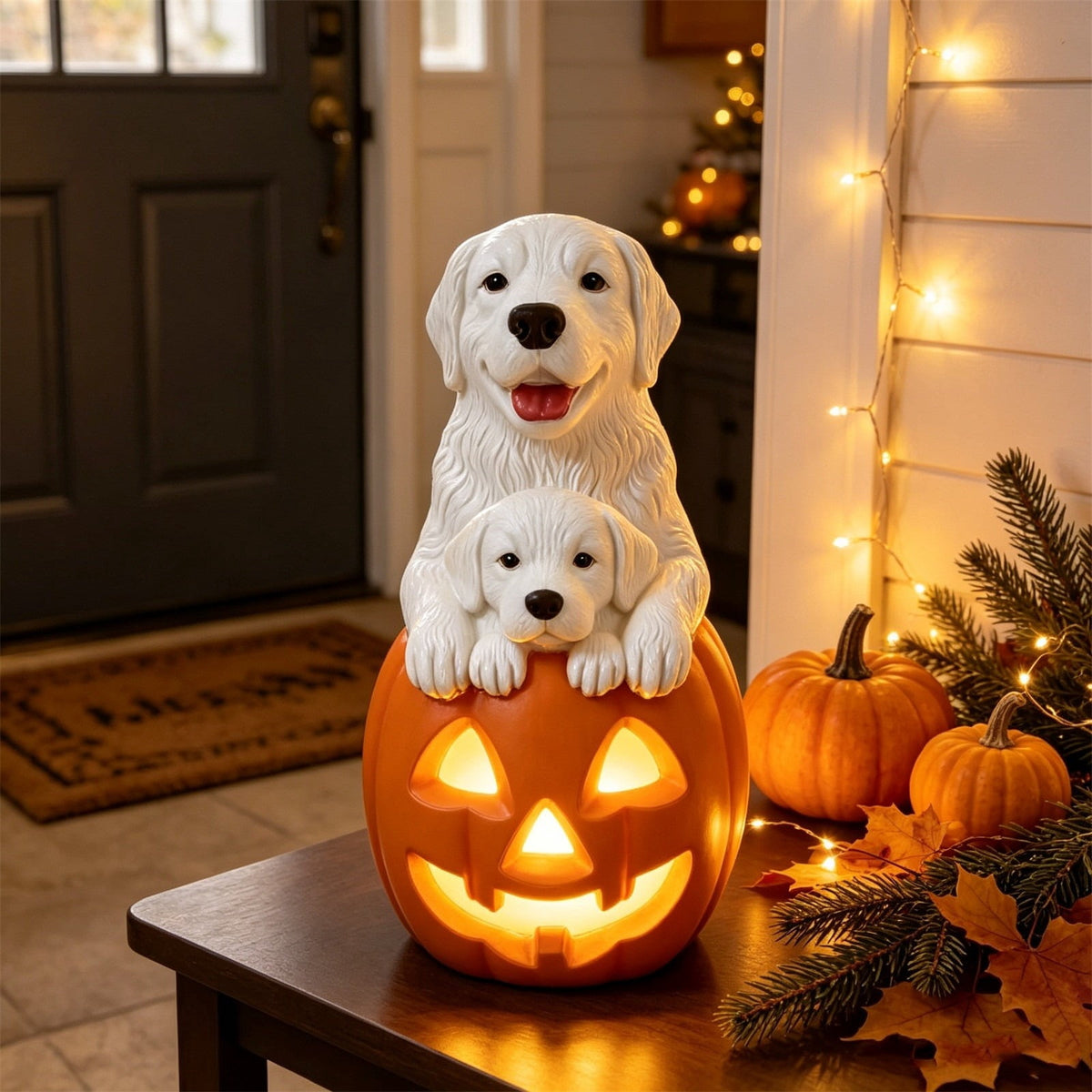 Halloween Dog Greeter - Frenchie 7.9in Resin Witch Dog with Light-Up Pumpkin, Spooky Fall Decor, Indoor Outdoor Tabletop Decoration