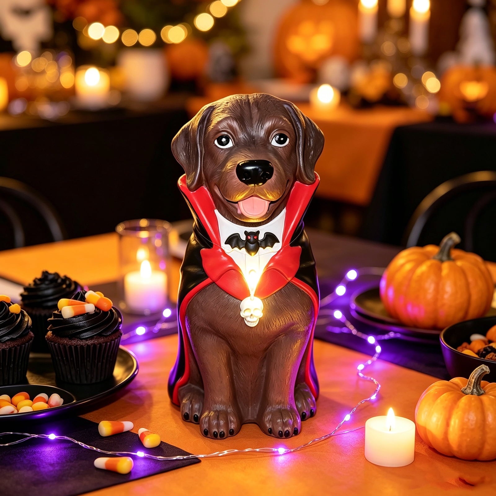 Halloween Dog Greeter - Frenchie 7.9in Resin Witch Dog with Light-Up Pumpkin, Spooky Fall Decor, Indoor Outdoor Tabletop Decoration