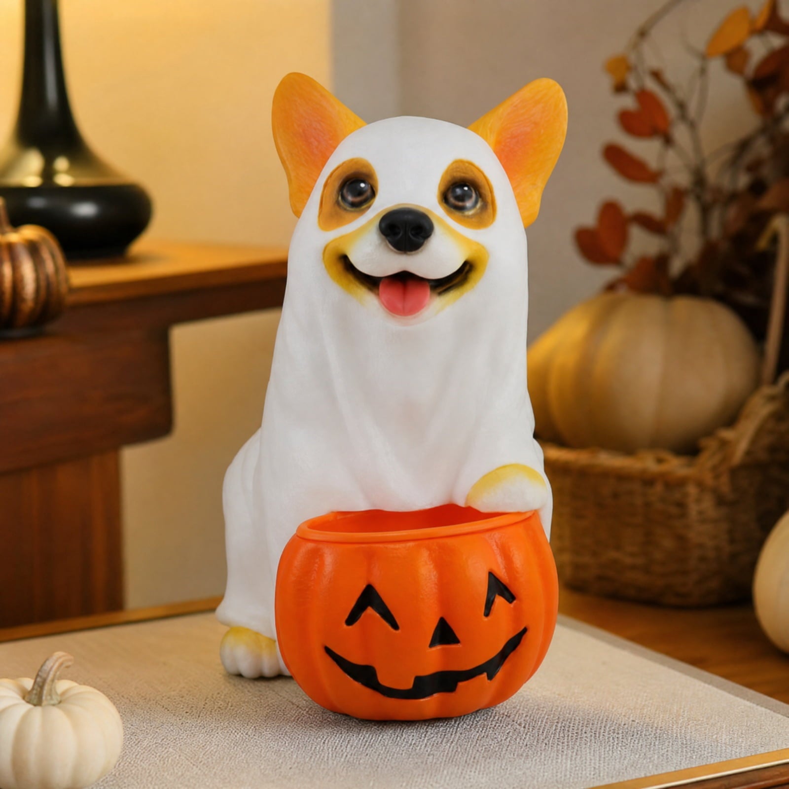 Halloween Dog Greeter - Frenchie 7.9in Resin Witch Dog with Light-Up Pumpkin, Spooky Fall Decor, Indoor Outdoor Tabletop Decoration