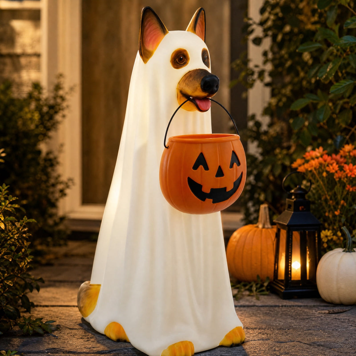 Halloween Dog Greeter - Frenchie 7.9in Resin Witch Dog with Light-Up Pumpkin, Spooky Fall Decor, Indoor Outdoor Tabletop Decoration