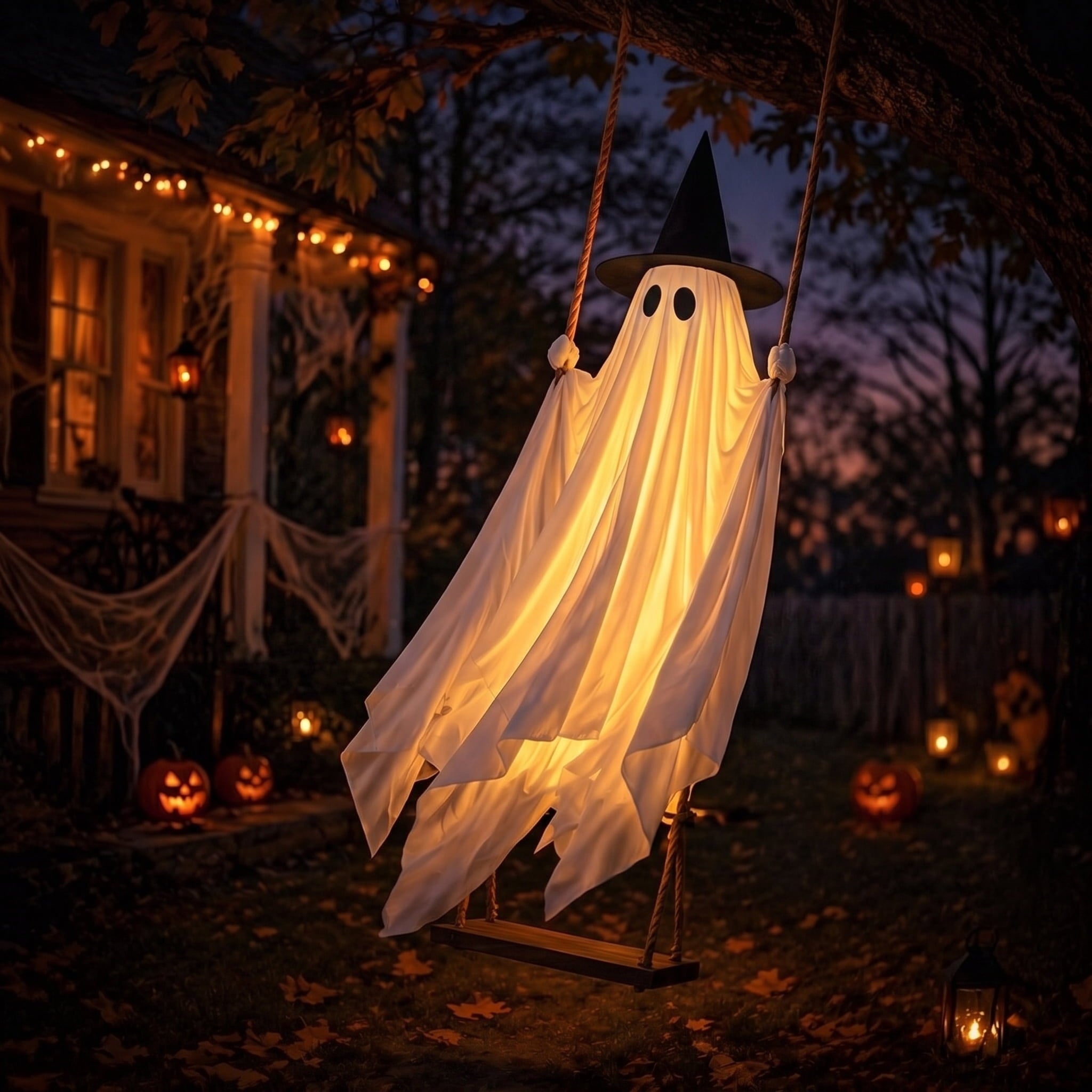 Clearance! Lighted Swing Ghost with Wooden Board, 45" Halloween Decorations Outdoor, Spooky Cute Ghosts Decorations for Front Porch Yard Tree
