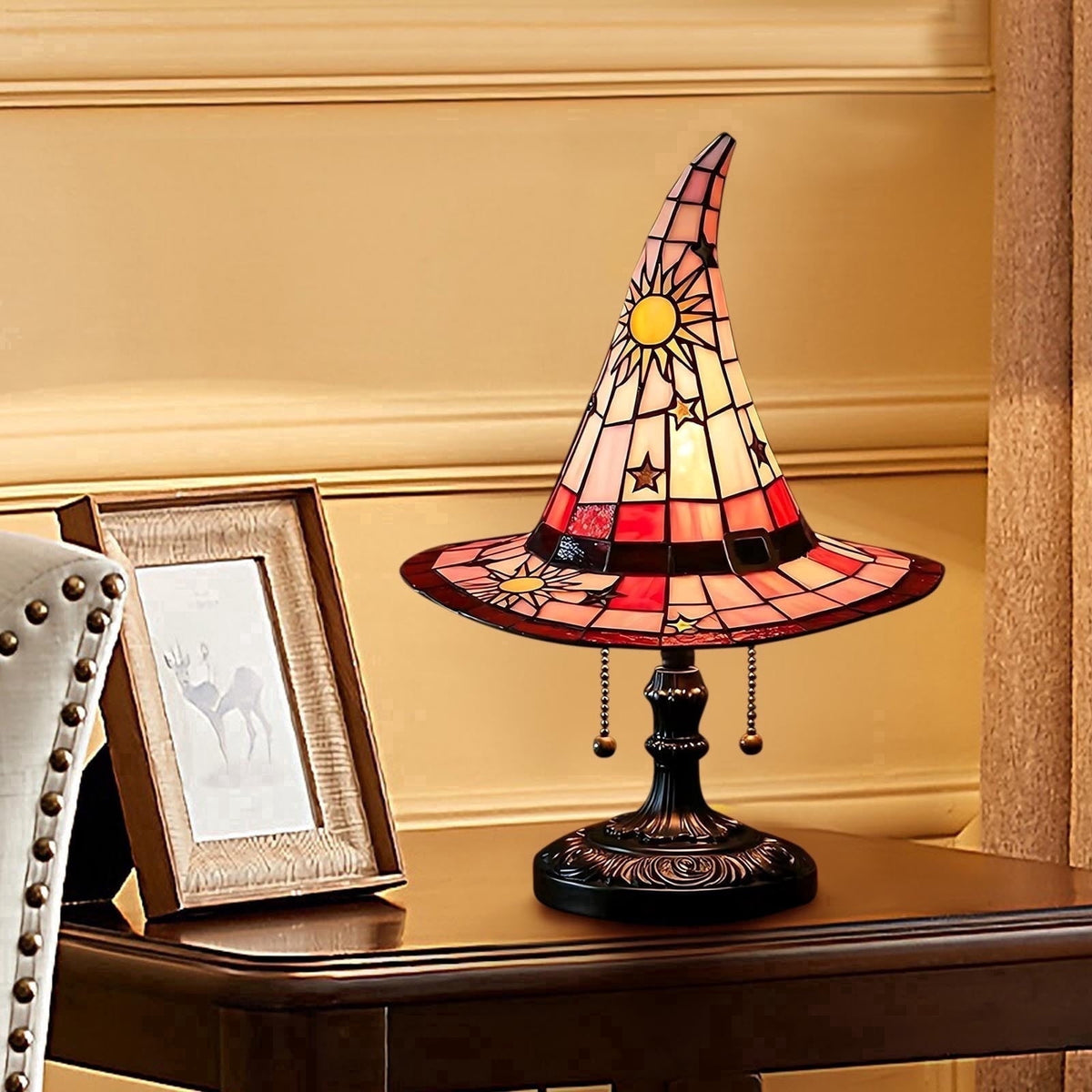 Clearance Halloween Table Lamp Decorations, Witch Hat Lamp Gifts - Handcrafted Retro Resin Witch Lamp, USB Powered Gothic Wizard Hats Night Light, Home Decor Accent Lamps for Bedroom