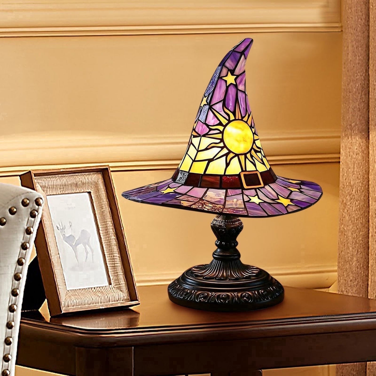 Clearance Halloween Table Lamp Decorations, Witch Hat Lamp Gifts - Handcrafted Retro Resin Witch Lamp, USB Powered Gothic Wizard Hats Night Light, Home Decor Accent Lamps for Bedroom