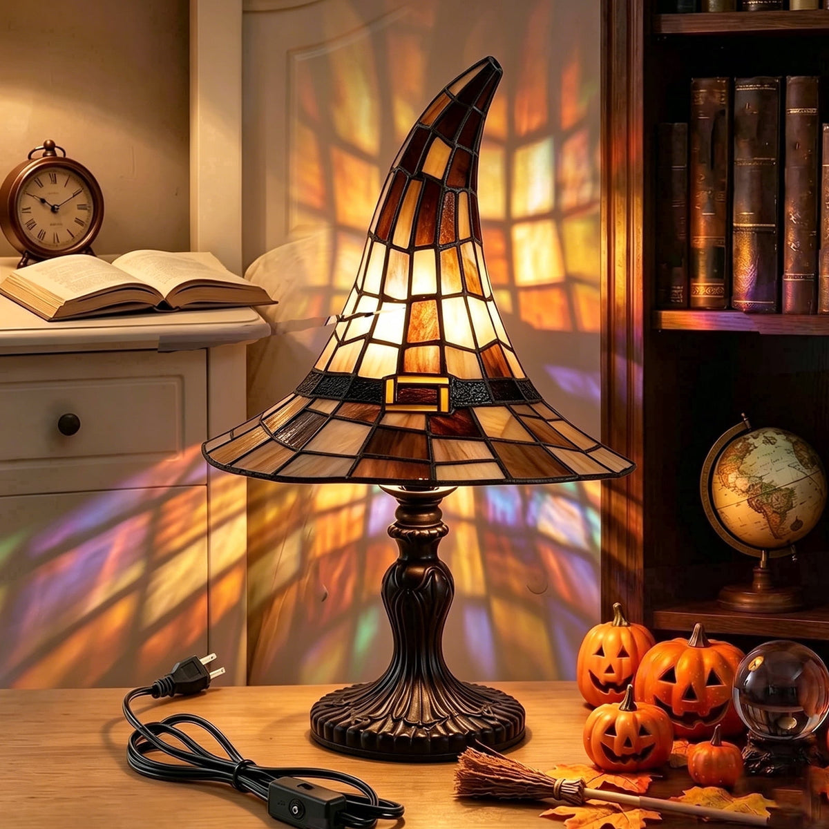 Clearance Halloween Table Lamp Decorations, Witch Hat Lamp Gifts - Handcrafted Retro Resin Witch Lamp, USB Powered Gothic Wizard Hats Night Light, Home Decor Accent Lamps for Bedroom