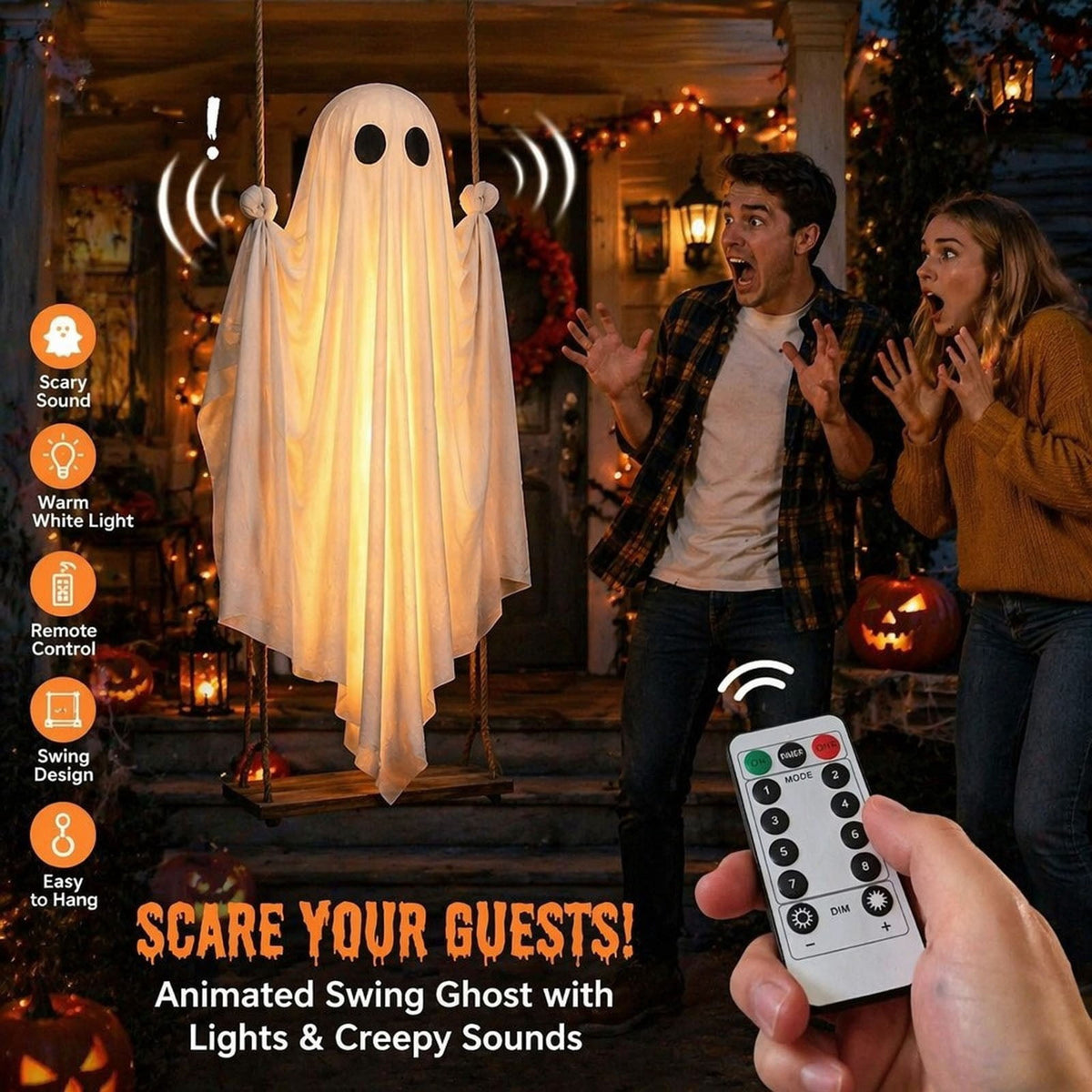 Cloth Hanging Swing Ghost Halloween Outdoor Decor,Remote Controlled LED Lighted Floating Ghost Ornament With 8 Lighting Modes For Porch Tree Yard Seasonal Holiday Display,Total Length 120.4 in.A
