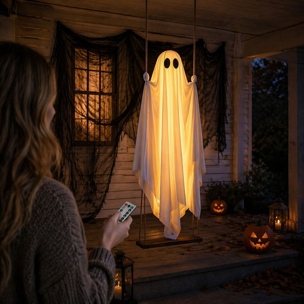 Cloth Hanging Swing Ghost Halloween Outdoor Decor,Remote Controlled LED Lighted Floating Ghost Ornament With 8 Lighting Modes For Porch Tree Yard Seasonal Holiday Display,Total Length 120.4 in.A