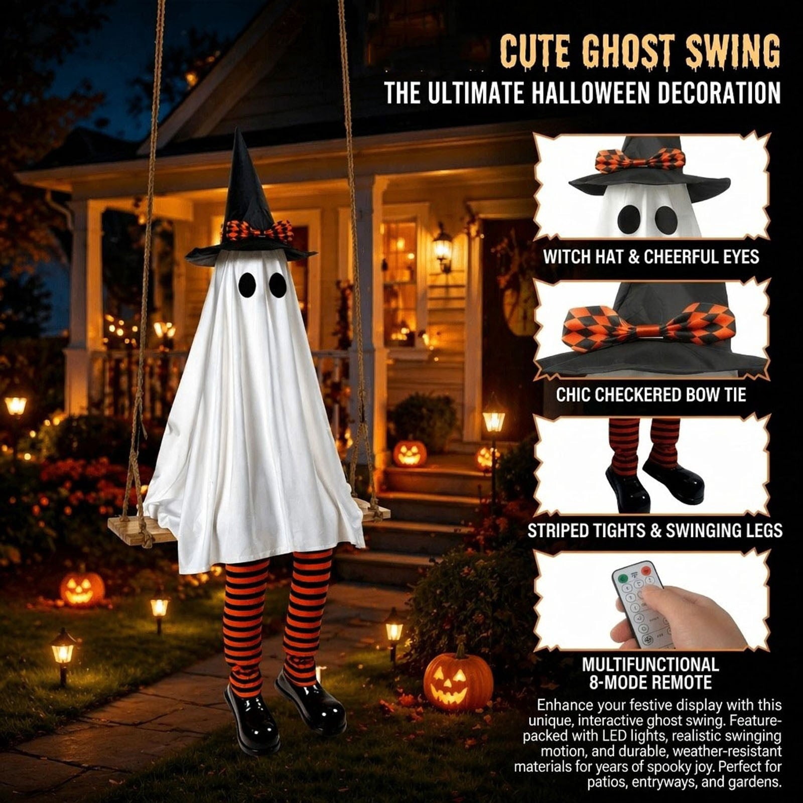 Cloth Hanging Swing Ghost Halloween Outdoor Decor,Remote Controlled LED Lighted Floating Ghost Ornament With 8 Lighting Modes For Porch Tree Yard Seasonal Holiday Display,Total Length 120.4 in.A
