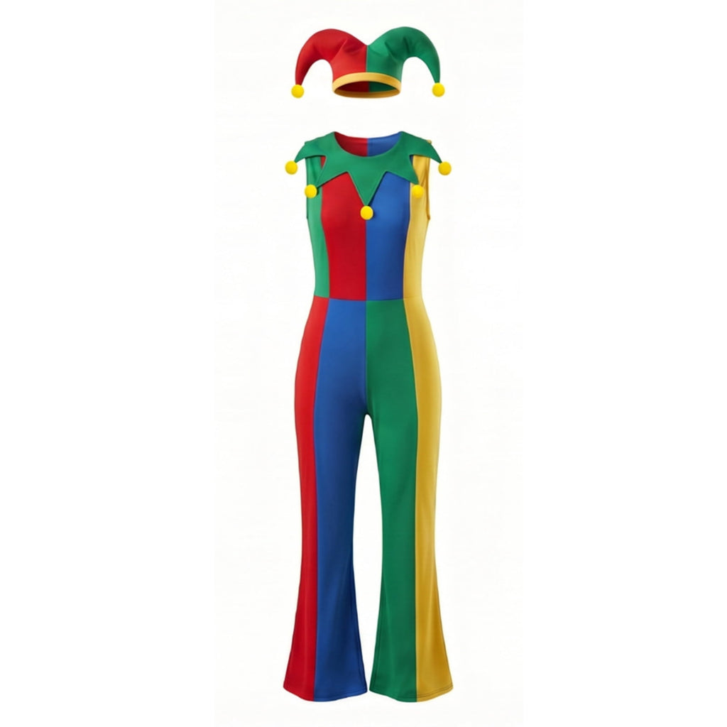 Clown Costume Set for Halloween Cosplay, Multicolor Circus Show Clown One-Piece Outfit Jumpsuit for Halloween Carnival Party Suit, Halloween Costume for Women, M