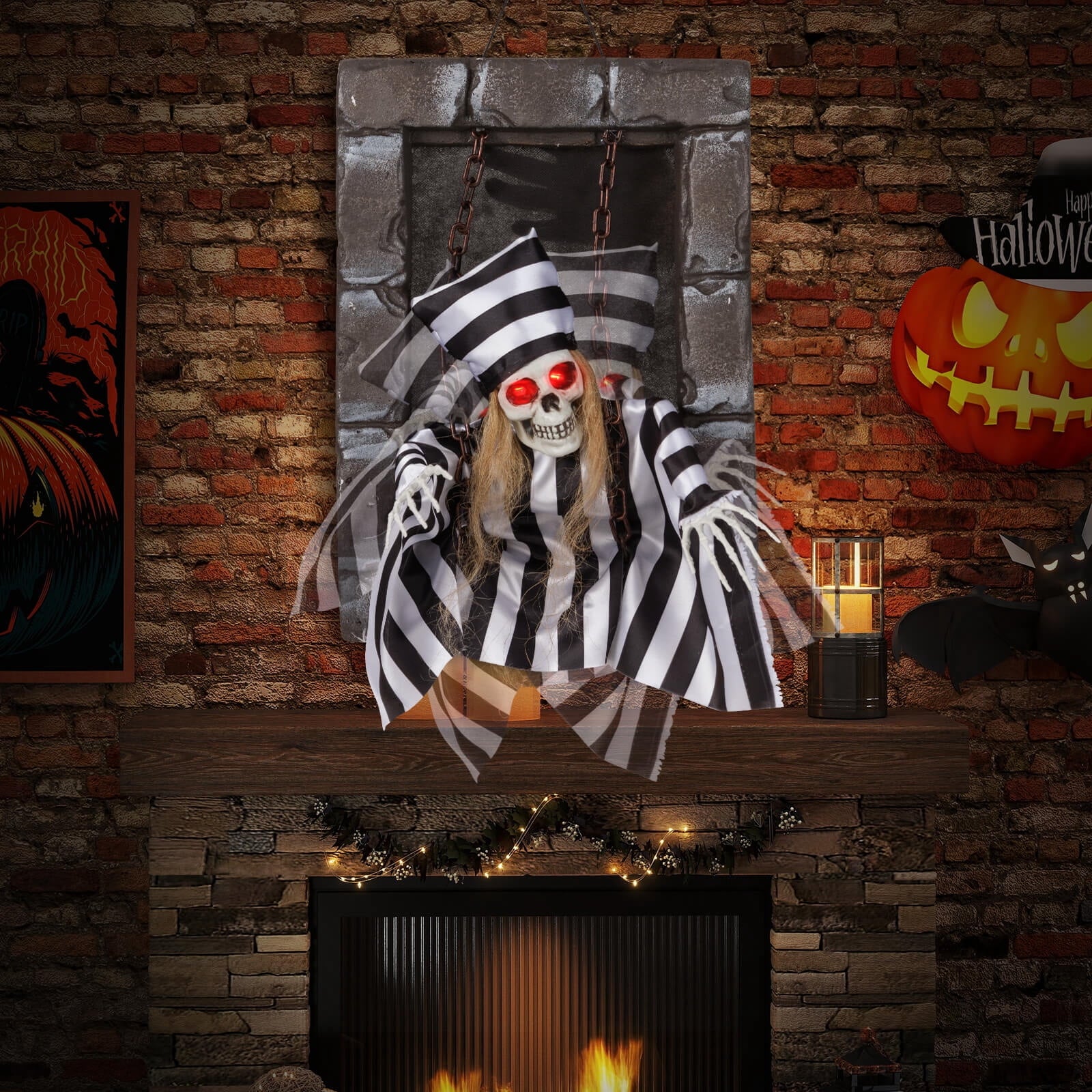 Costway Animated Halloween Decoration 18” Hanging Skull Prisoner with Light-up Eyes