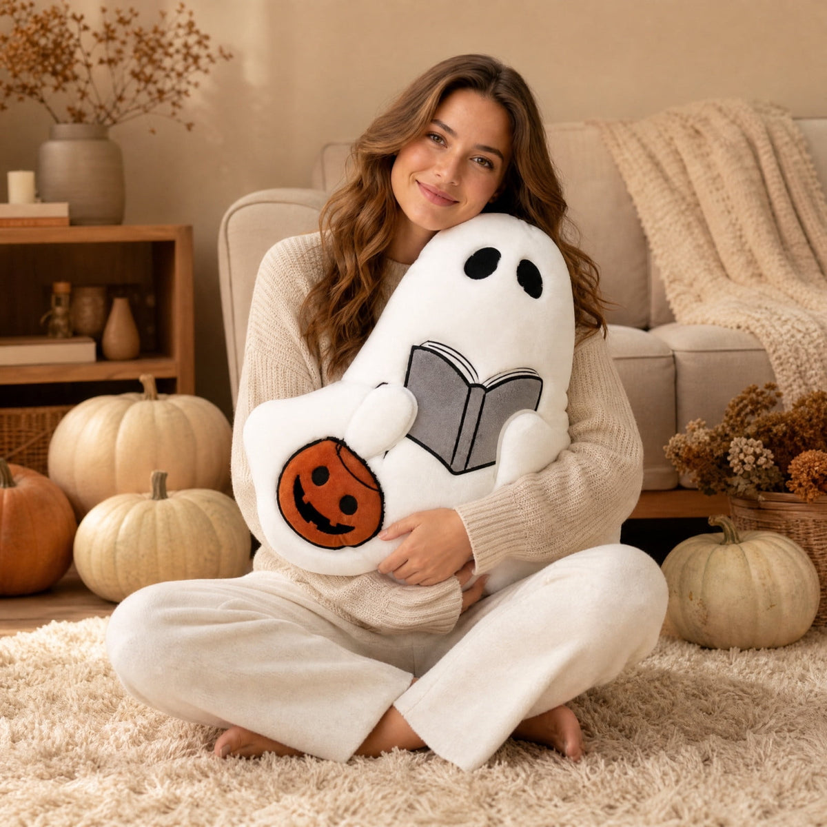 Halloween Ghost Reading Book Throw Pillow Cover, Spooky Library Bookshelf Skull Candlestick Decorative Pillowcase, Retro Halloween Cushion Cover