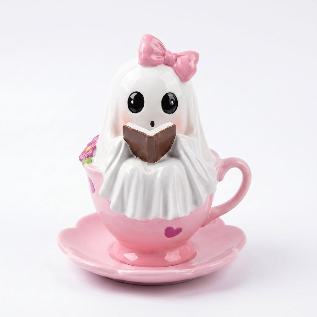 Cute Reading Ghost in Teacup Figurine, Resin Ghost Statue with Pink Bow Heart Floral Cup, Table Centrepiece Tiered Tray Desk Shelf Decor, Small Halloween Decorations, 4.5 Inch