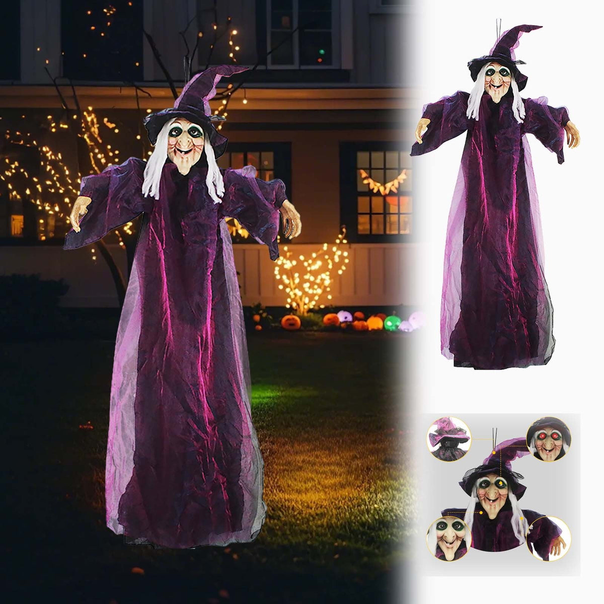 DAMAI 5.9 FT Hanging Witch Halloween Decorations Outdoor,Hanging Witch Halloween Decor,Giant Animated Standing Talking Witch with Red Eyes,Flying Witch Standing Decor for Haunted House Props