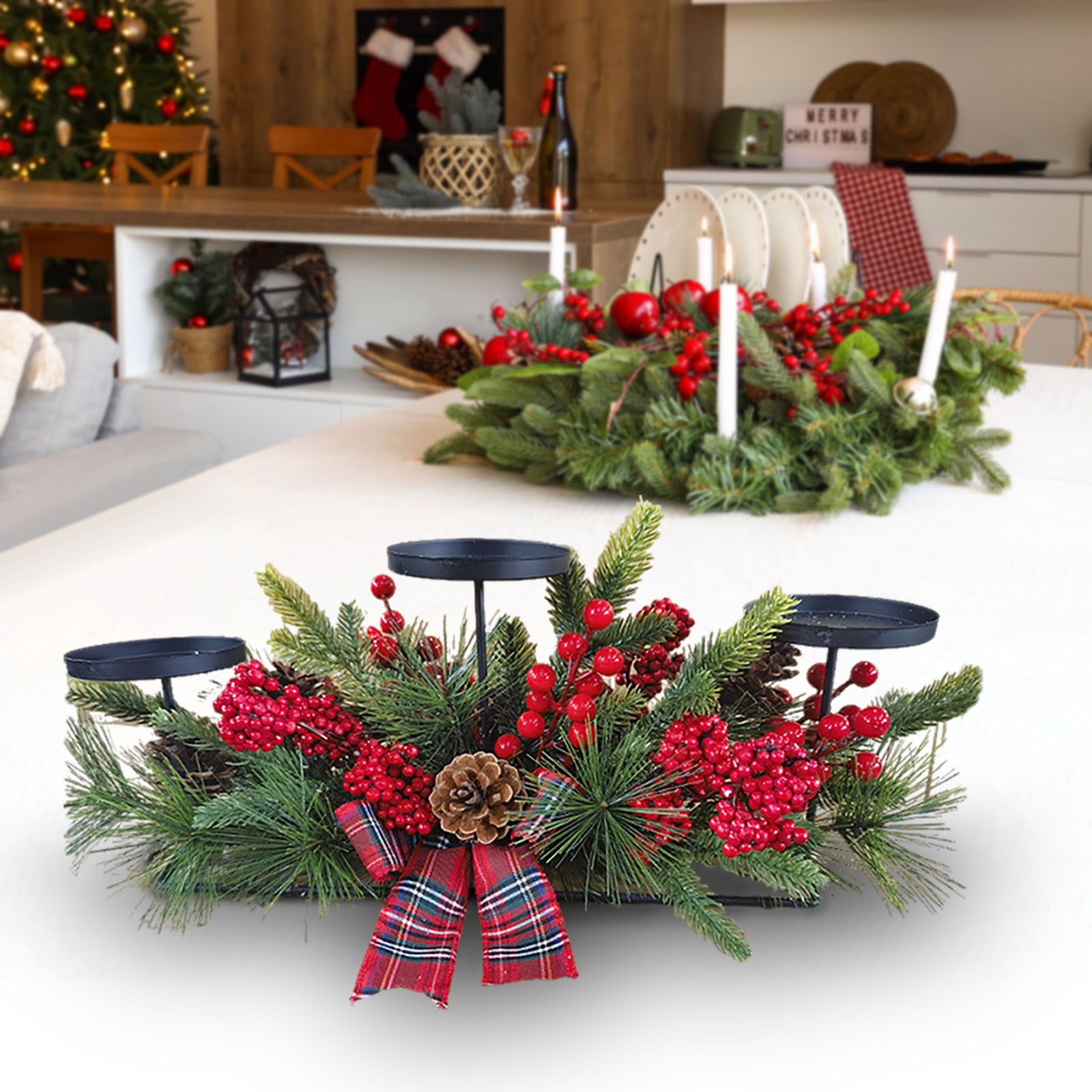 DAMAI Fall Centerpiece Table Decorations, 23.6'' L Assorted Artificial Pumpkins,Berries, Maple Leaves with 3 Candle Holders,Autumn Table Centerpiece for Harvest Party Thanksgiving Halloween