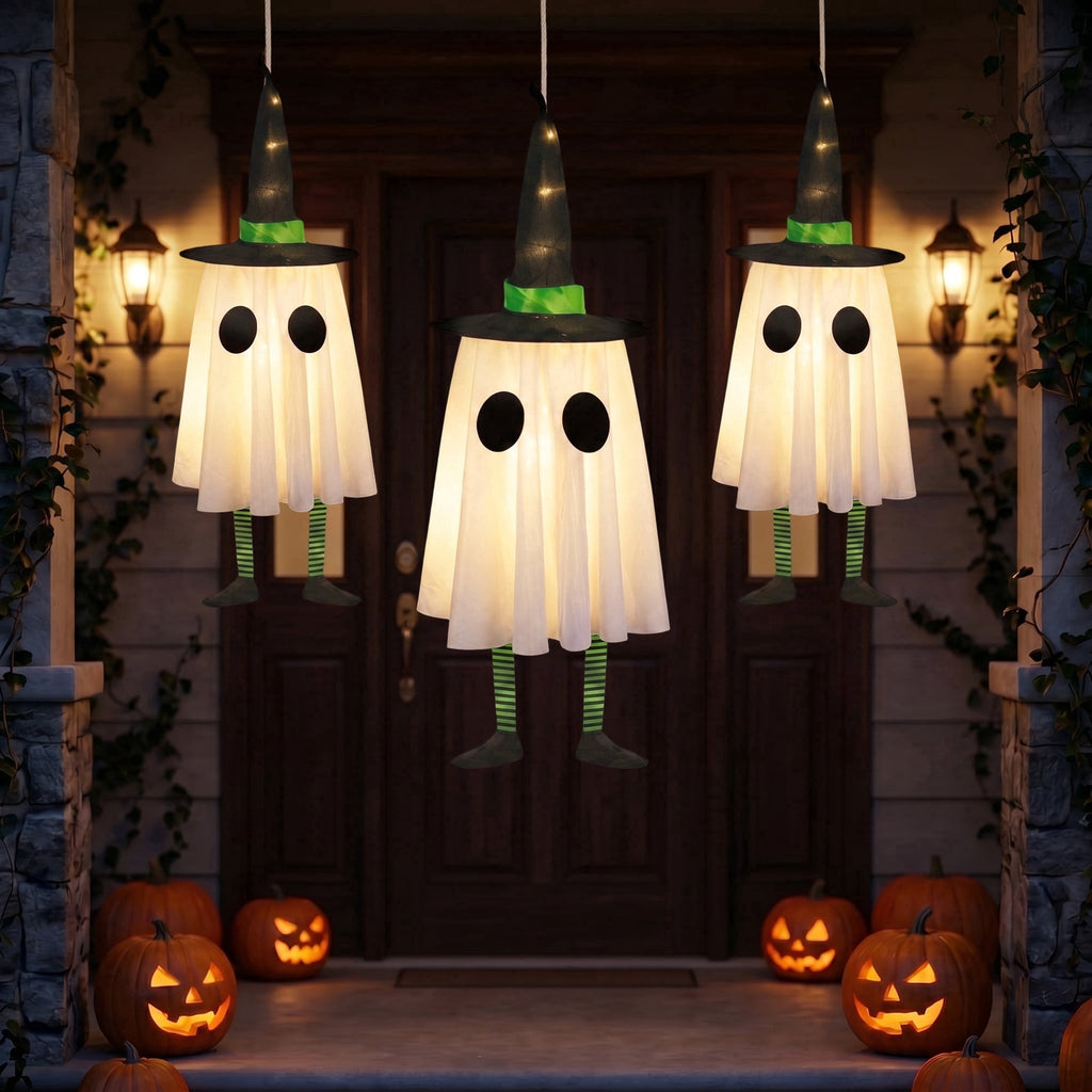 DAYBETTER 3 Pack Halloween Hanging Ghosts Light Up Decor, LED Ghost with Witch Hat Cute Lighted Ornaments for Indoor Outdoor Yard Patio Porch Tree Spooky Decor Gifts