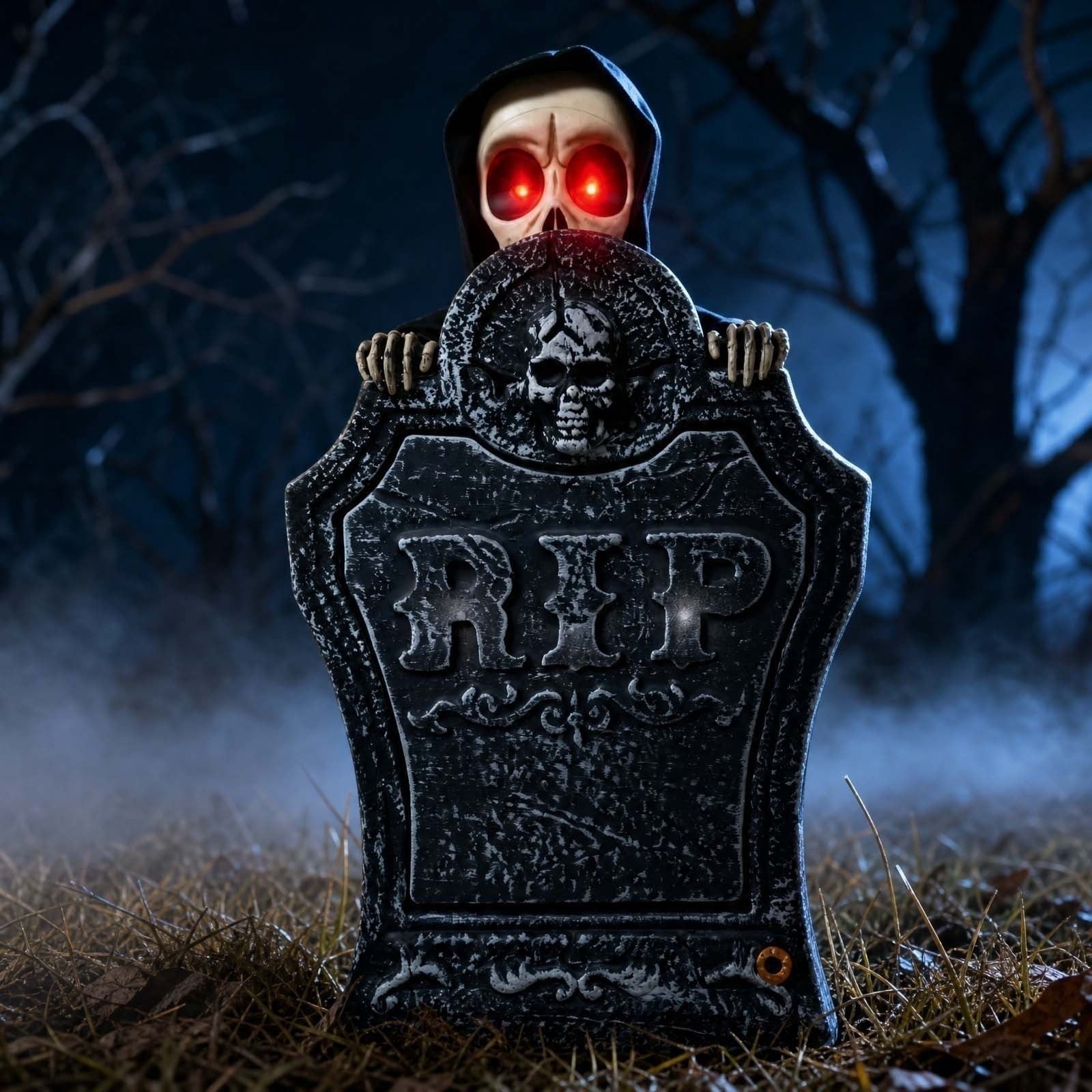 EWASWON Halloween Animated Tombstone, Motion Activated Gravestone with Rising Skeleton, Glowing LED Eyes & Scary Sounds, Outdoor Yard Decoration