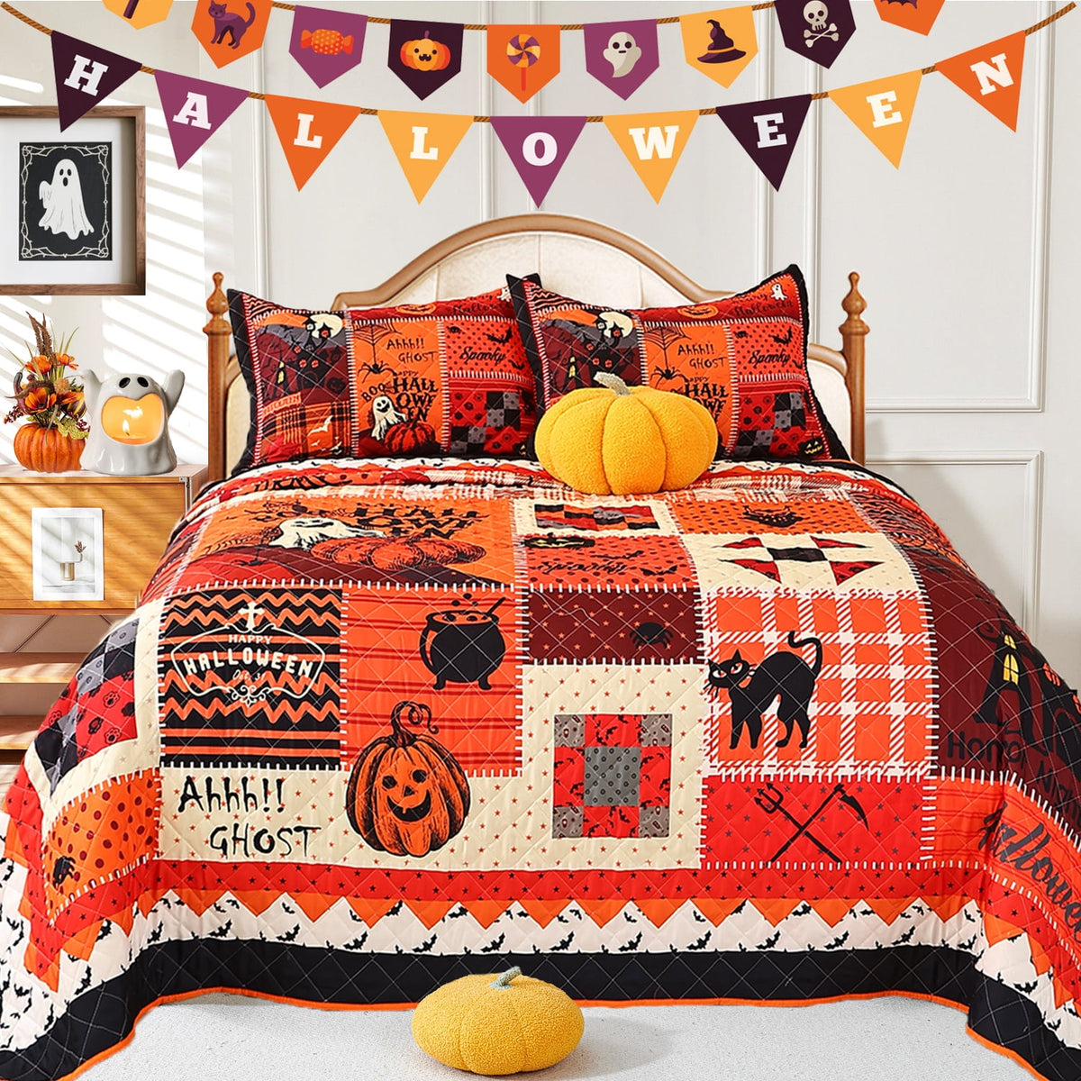 Evenhug Halloween Quilt Set,3-Piece Queen Size Bat Crow Pumpkin Halloween Themed Bedding Set Reversible Coverlet Set with 2 Pillow Shams
