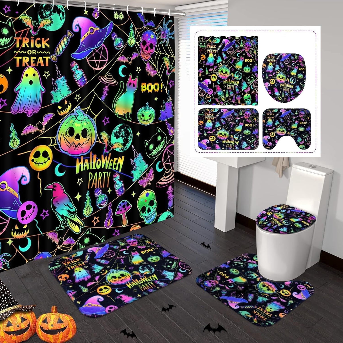 FRAMICS Halloween Shower Curtain Sets with Rugs, 16 Pc Pumpkin Spooky Ghost Bathroom Sets, Black Waterproof Fabric Shower Curtain with 12 Hooks and Toilet Rugs
