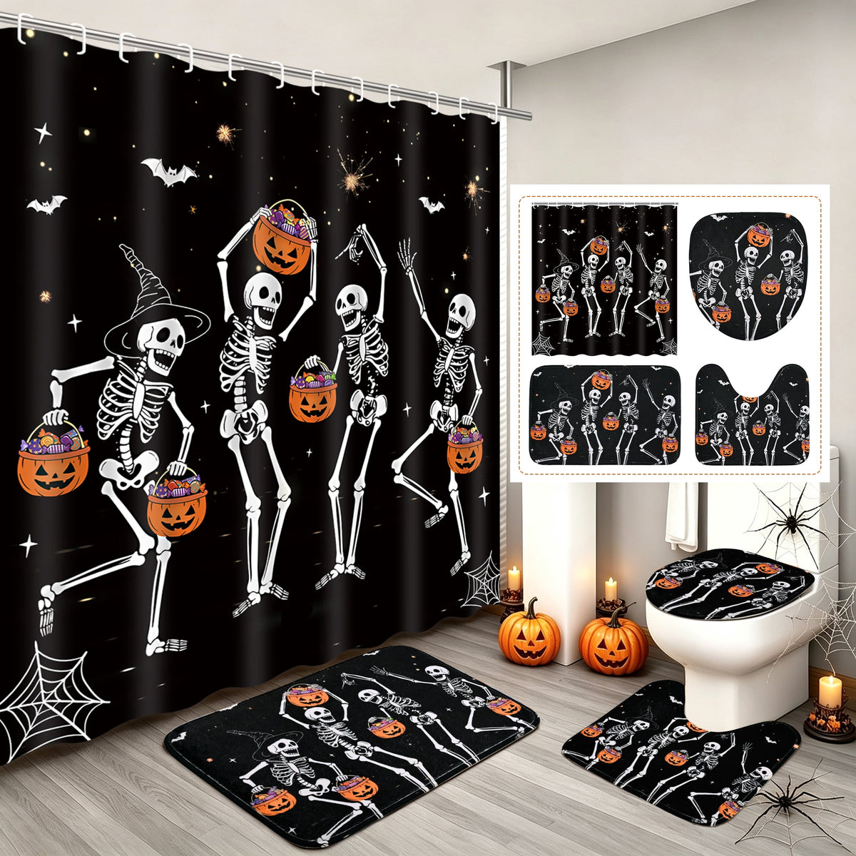 FRAMICS Halloween Shower Curtain Sets with Rugs, 16 Pc Pumpkin Spooky Ghost Bathroom Sets, Black Waterproof Fabric Shower Curtain with 12 Hooks and Toilet Rugs