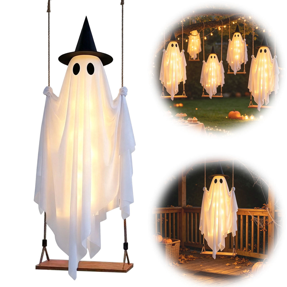 Cloth Hanging Swing Ghost Halloween Outdoor Decor,Remote Controlled LED Lighted Floating Ghost Ornament With 8 Lighting Modes For Porch Tree Yard Seasonal Holiday Display,Total Length 120.4 in.A