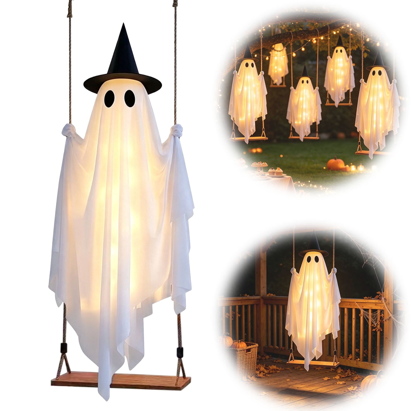 Cloth Hanging Swing Ghost Halloween Outdoor Decor,Remote Controlled LED Lighted Floating Ghost Ornament With 8 Lighting Modes For Porch Tree Yard Seasonal Holiday Display,Total Length 120.4 in.A