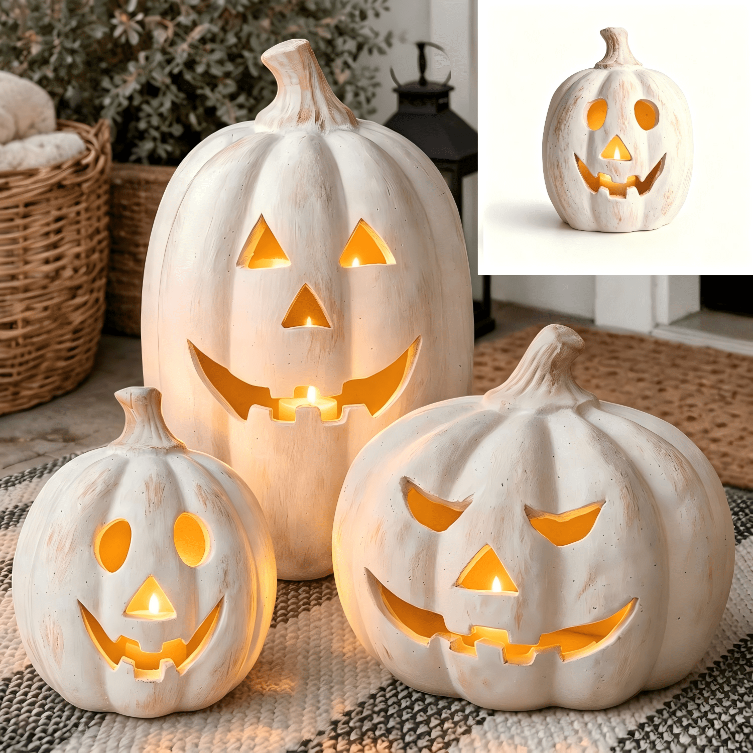 Fall Decor - Halloween Decorations - 5.9"H White Handmade Resin Pumpkin Jack O' Lantern with Flameless Candle - Outdoor Indoor Autumn Decoration for Table Centerpieces Porch Room Front Door